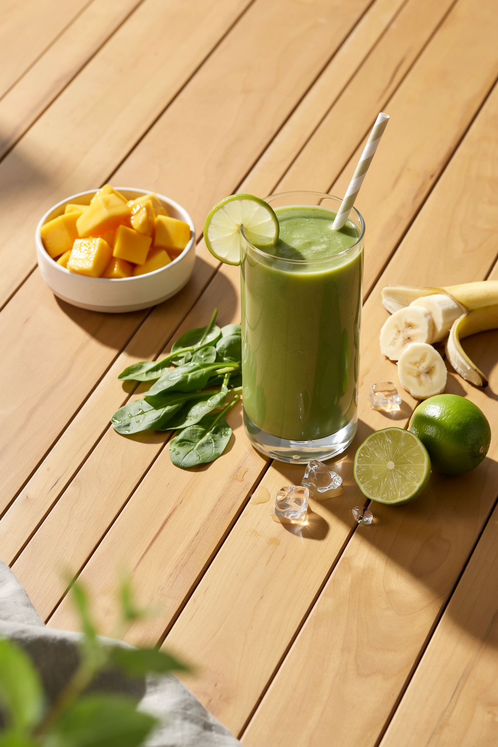Green mango spinach smoothie in a glass with mango, spinach, lime, banana, and coconut