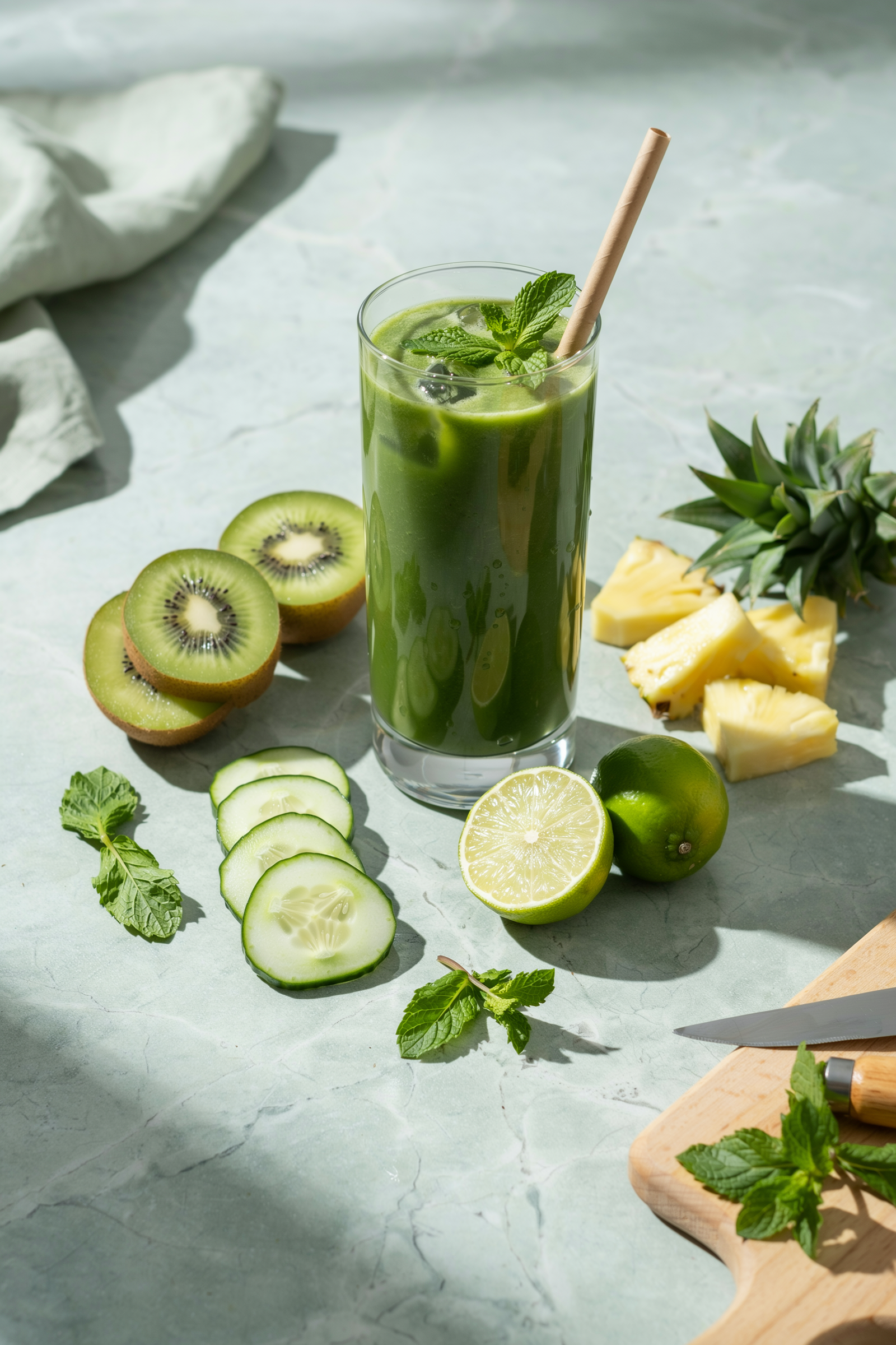 Kiwi pineapple detox smoothie in a glass with kiwi slices, pineapple chunks, strawberries, and chia seeds