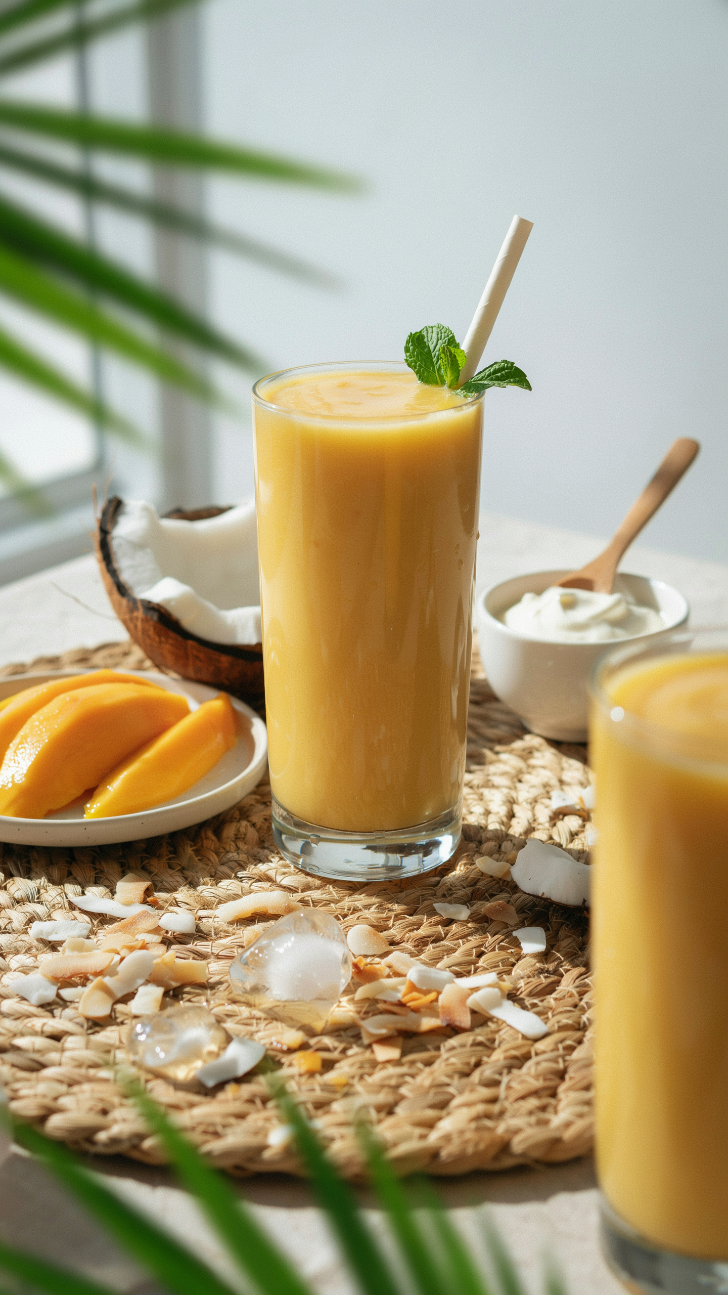 Creamy mango coconut smoothie in a glass with mango pieces, coconut, and lime for a tropical vacation-style drink