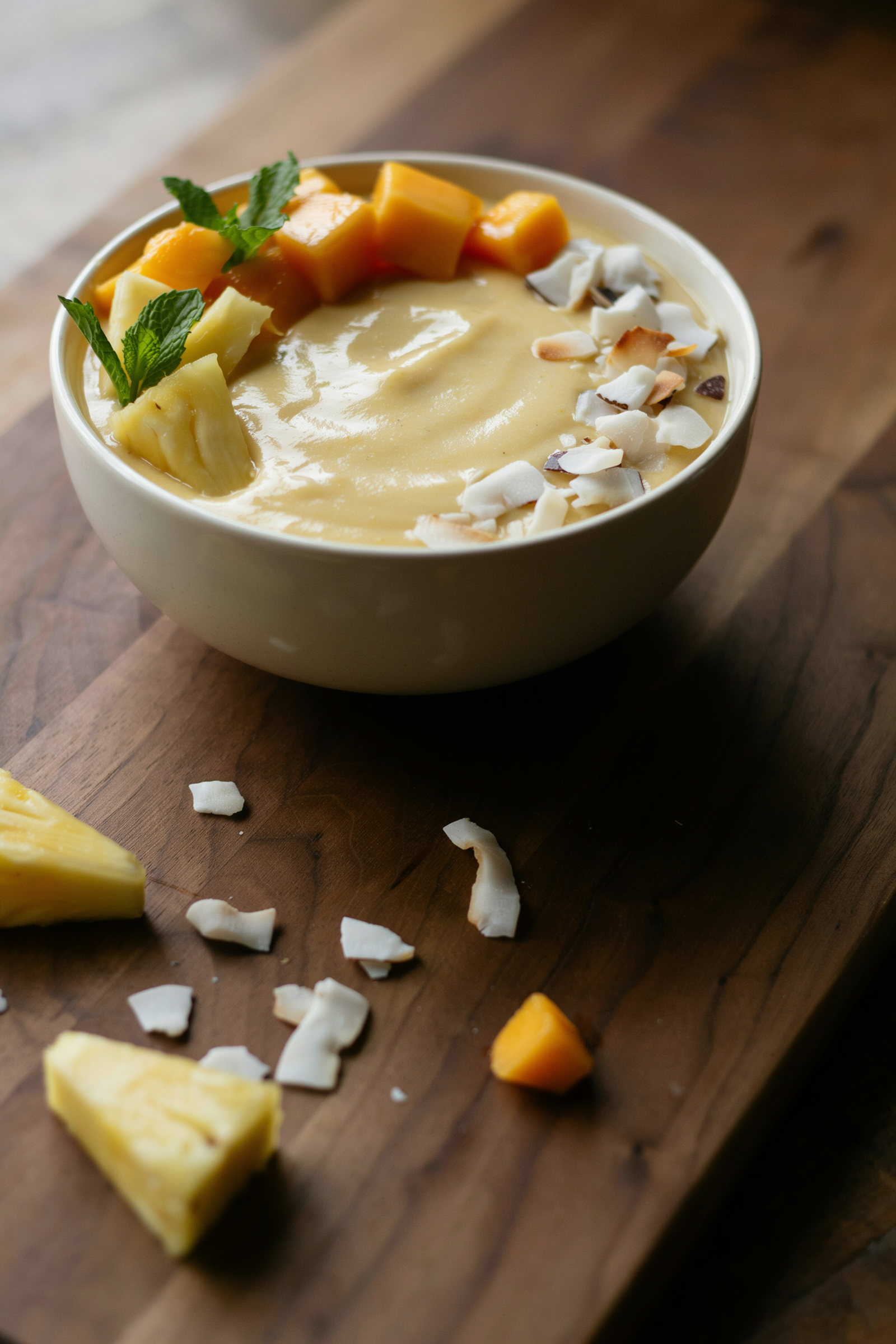 Mango coconut pineapple smoothie bowl topped with fresh fruit, granola, and shredded coconut