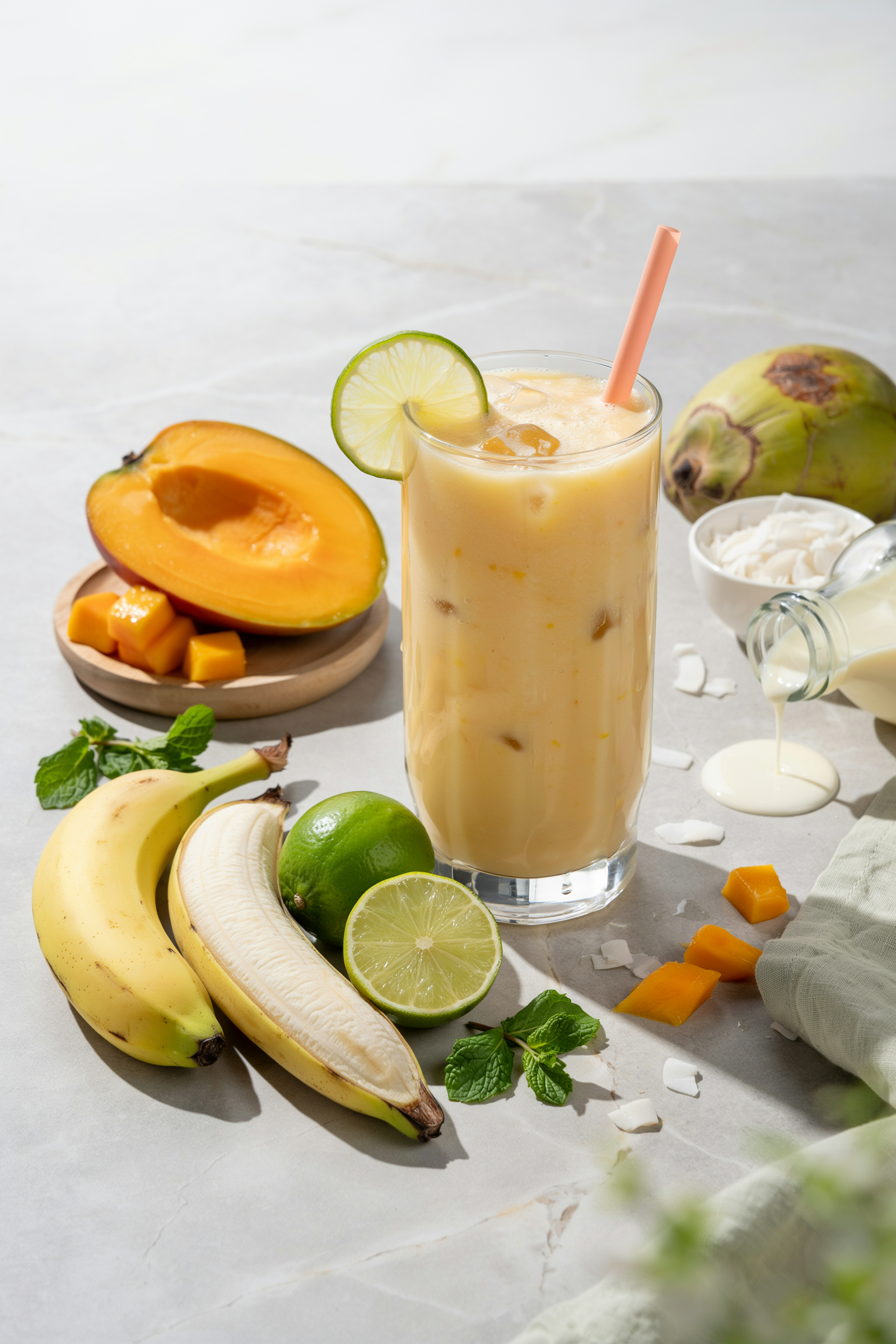 Creamy mango coconut smoothie in a glass topped with shredded coconut and lime for hot days