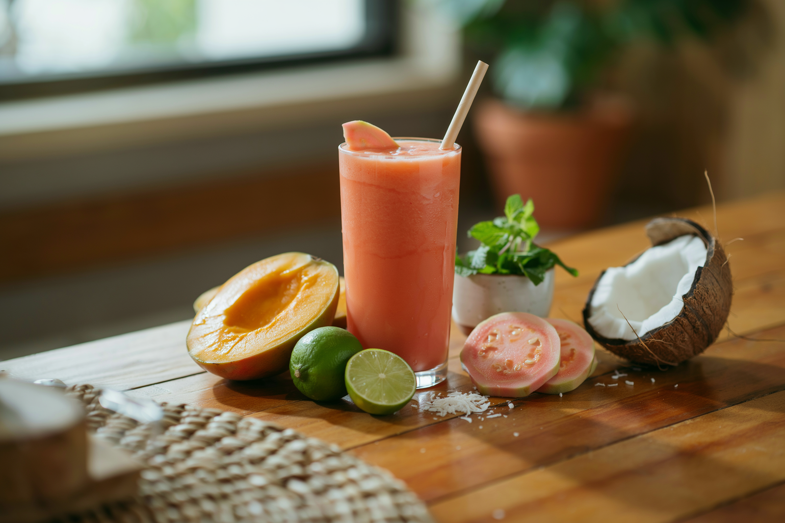 Creamy mango guava smoothie in a glass with toasted coconut and tropical fruit