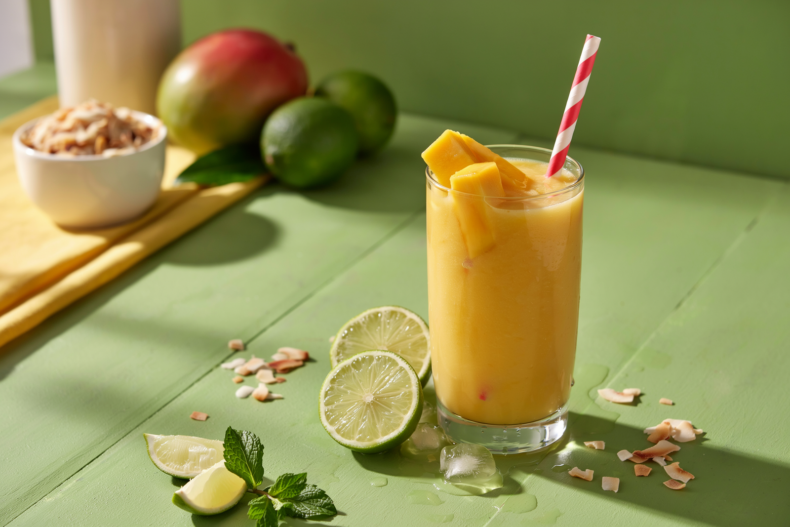 Mango lime smoothie in a glass with a bright yellow tropical finish and lime garnish