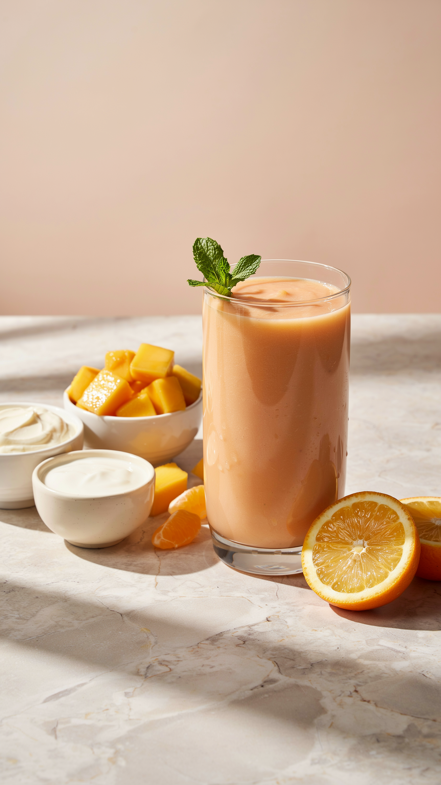 Mango orange cream smoothie with yogurt in a glass with fresh mango and orange garnish