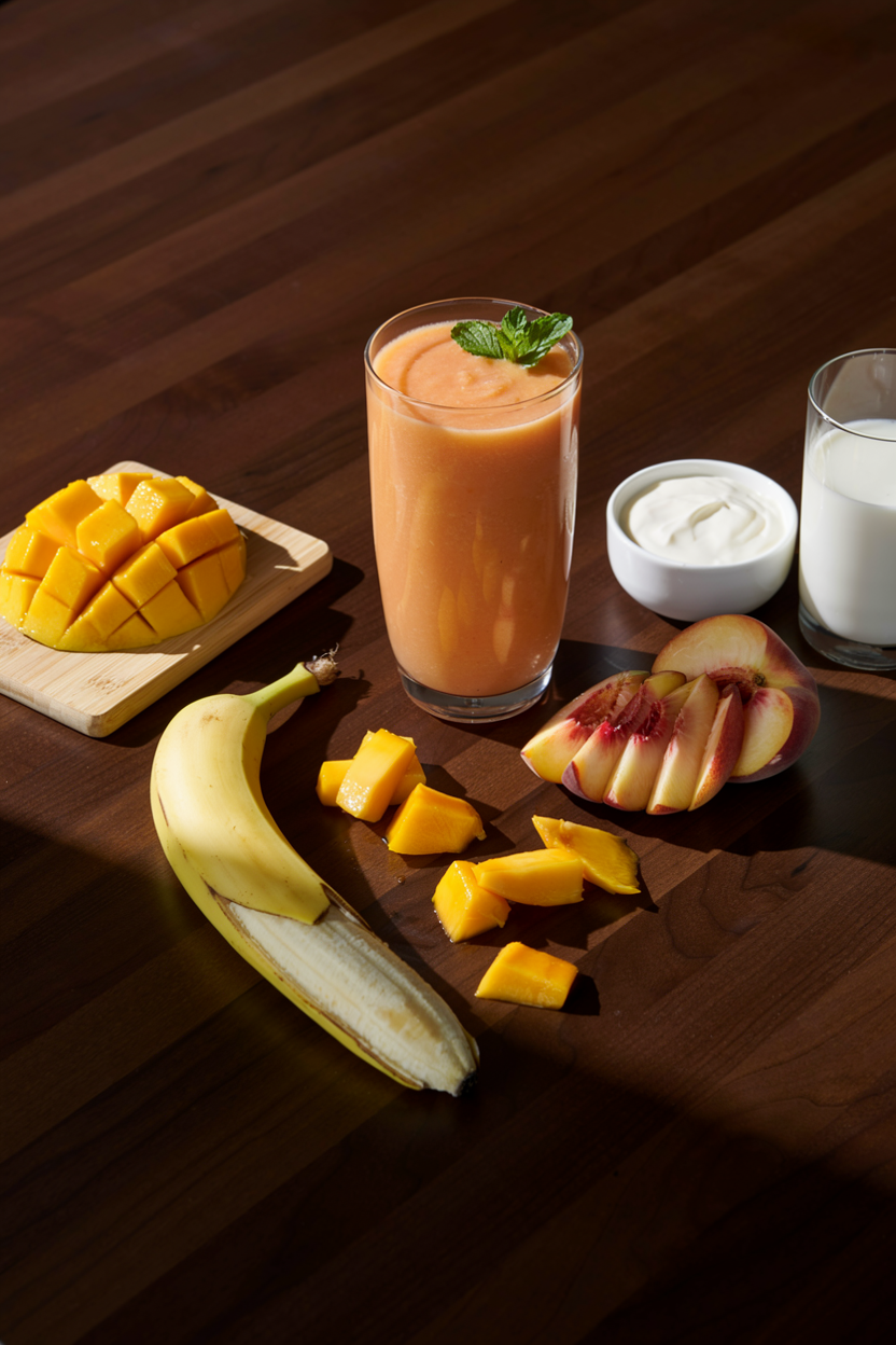 Extra creamy mango peach banana smoothie in a glass with a honey drizzle
