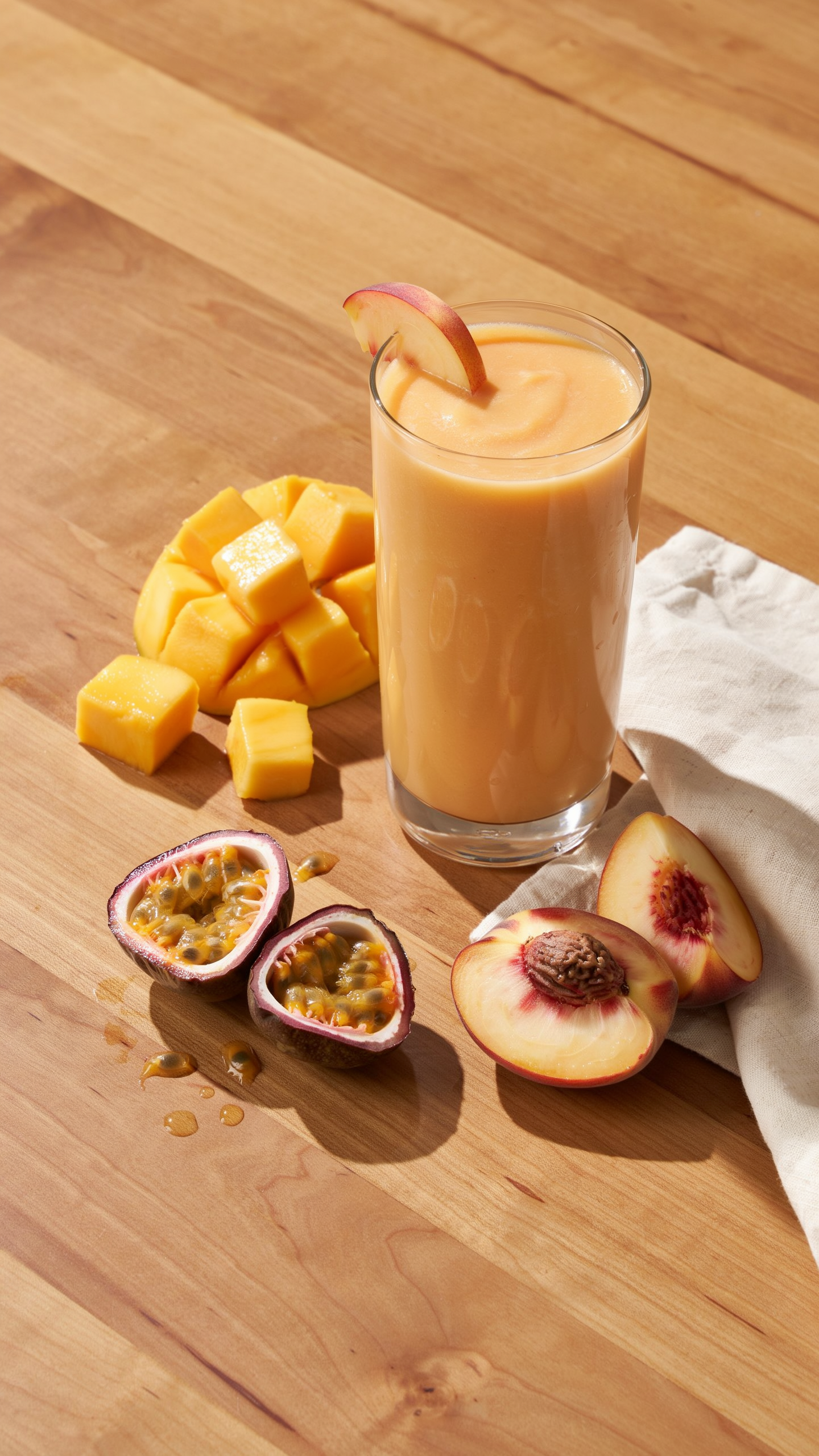 Mango peach passion fruit smoothie in a glass with a honey drizzle and tropical fruit garnish