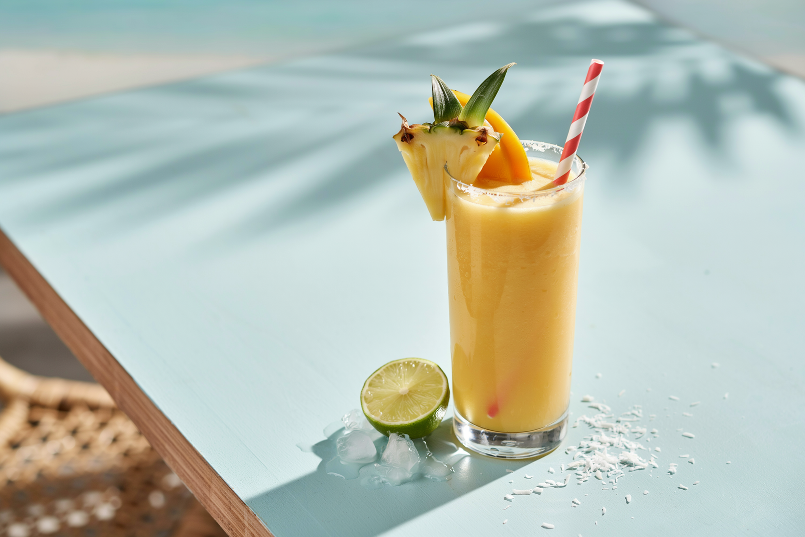 Mango pineapple beach smoothie in a glass with tropical fruit and lime
