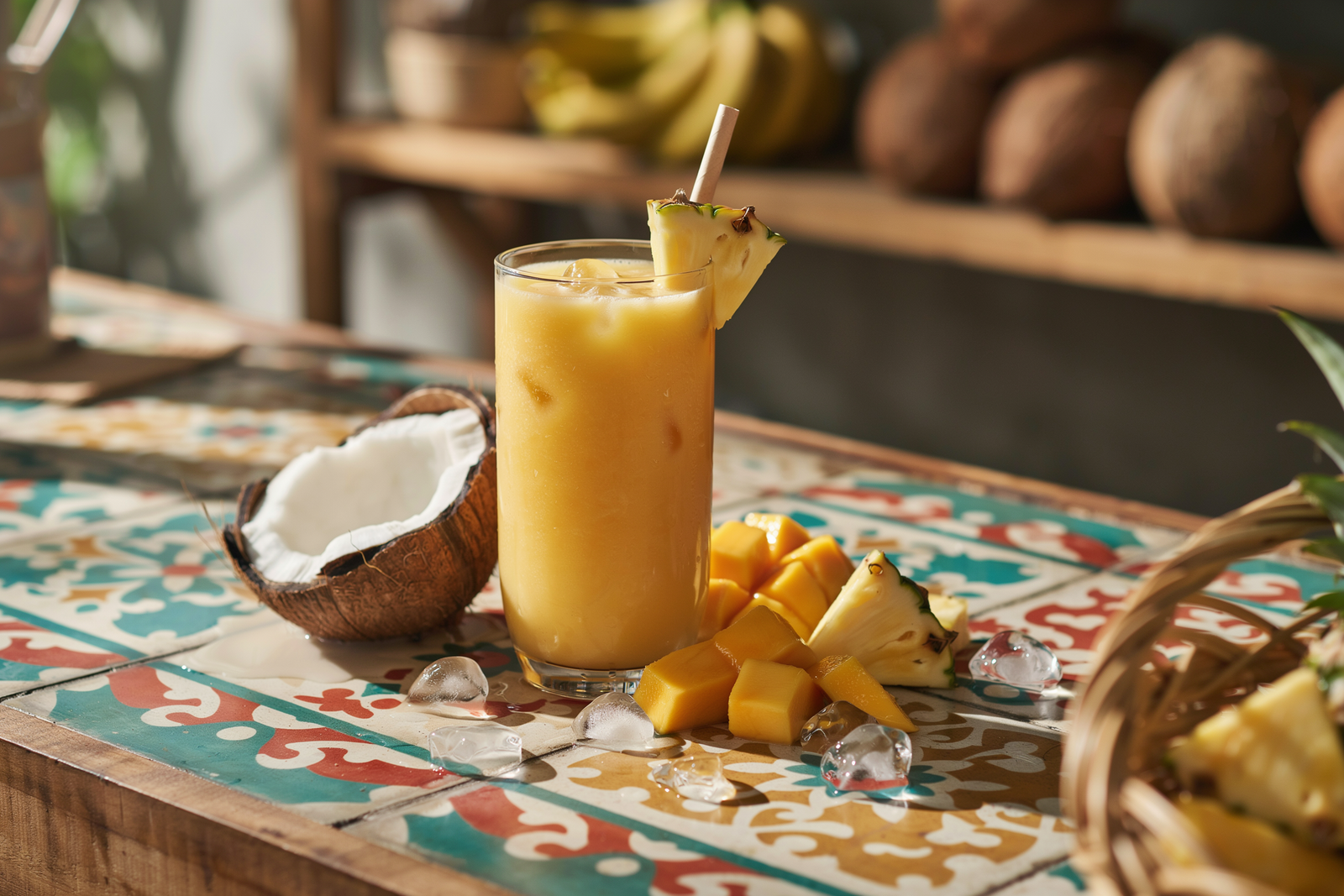 Mango pineapple coconut water smoothie in a glass with tropical fruit and lime