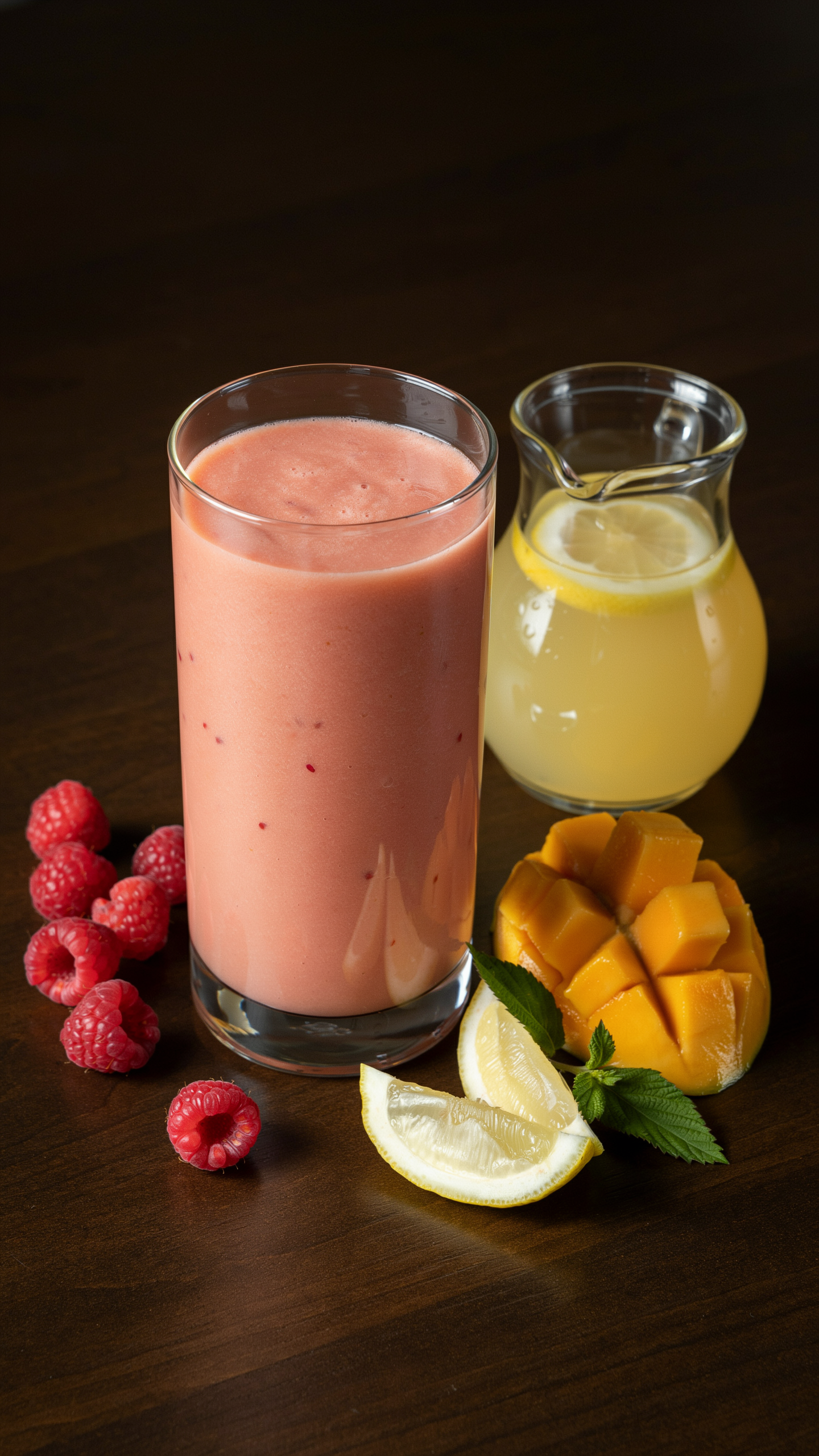 Mango raspberry lemonade smoothie in a glass with bright mango and raspberry colors
