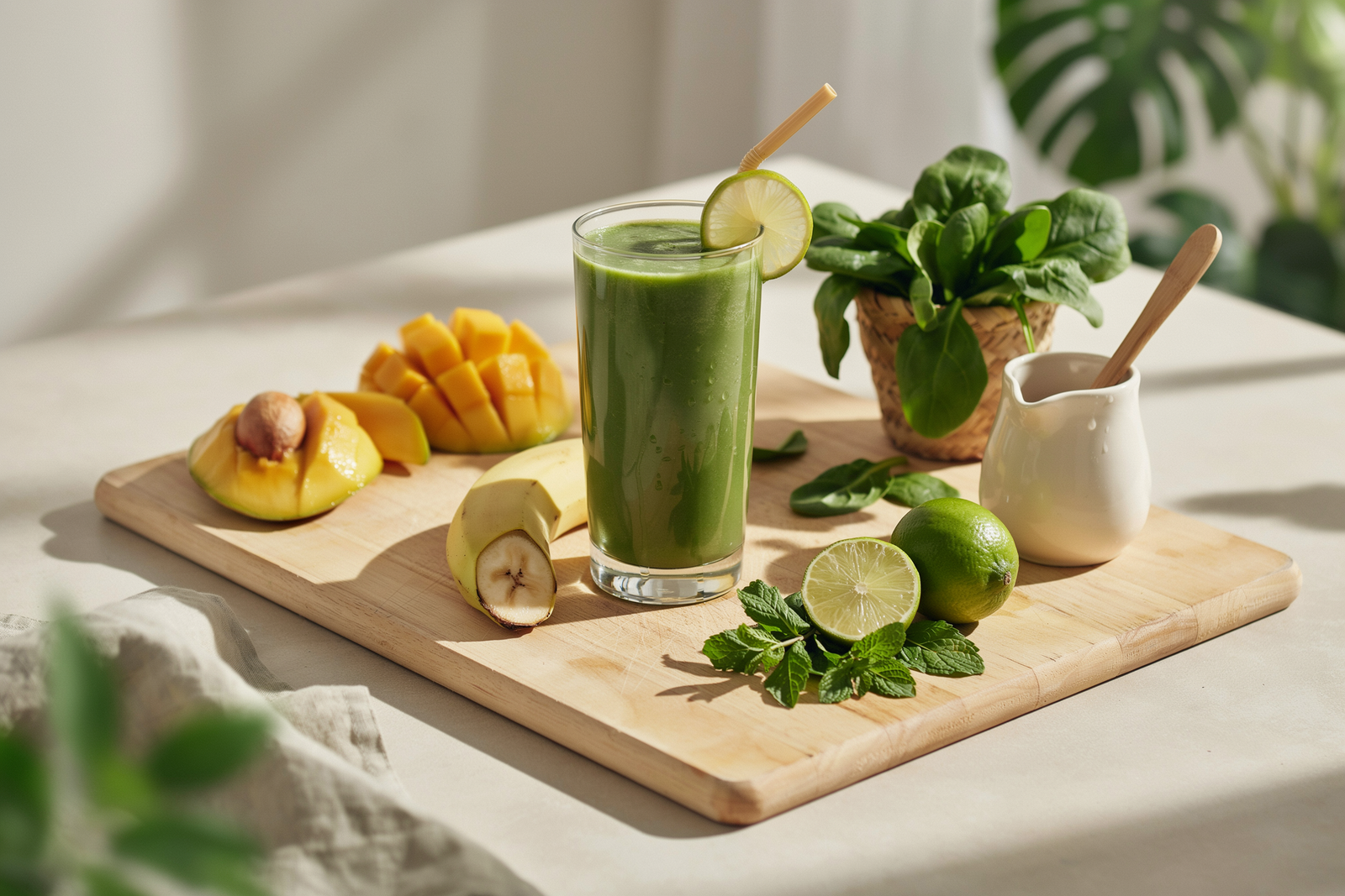Creamy mango spinach detox smoothie in a glass with tropical mango, lime, and spinach