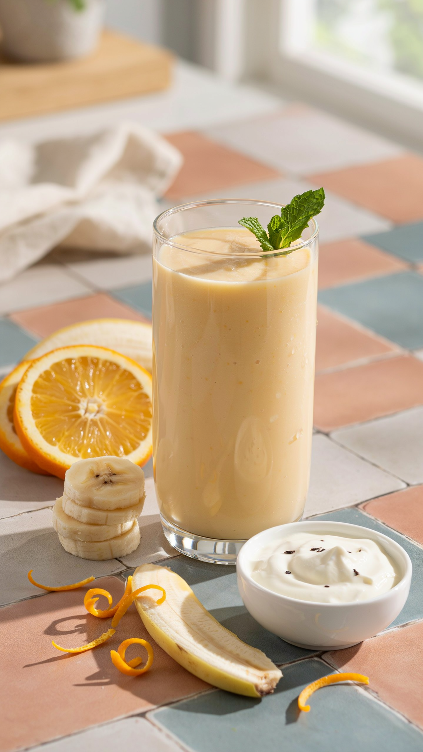 Orange banana cream smoothie in a glass with orange slices and banana on a breakfast table