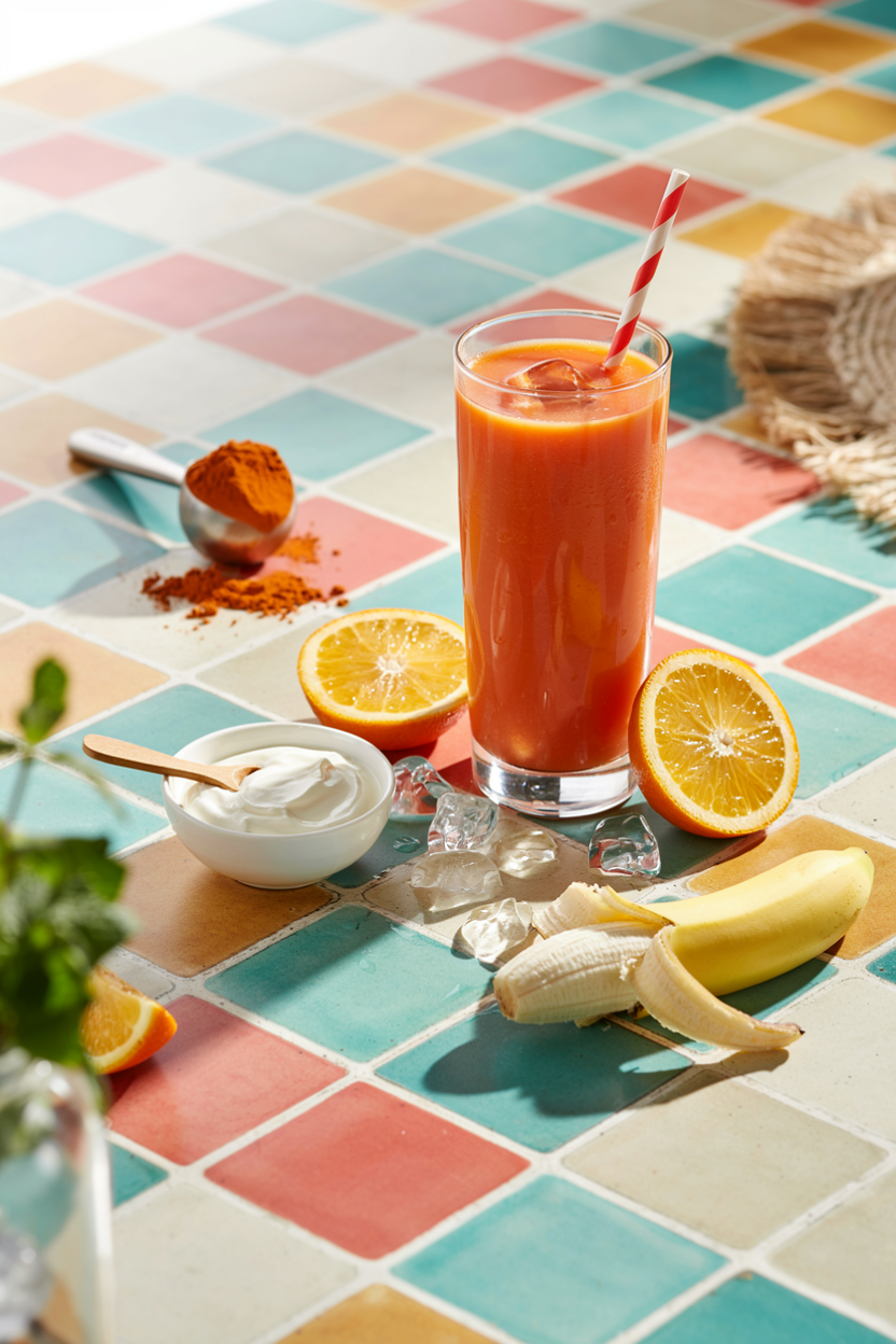 Orange creamsicle protein smoothie in a glass with orange slices and creamy vanilla smoothie texture