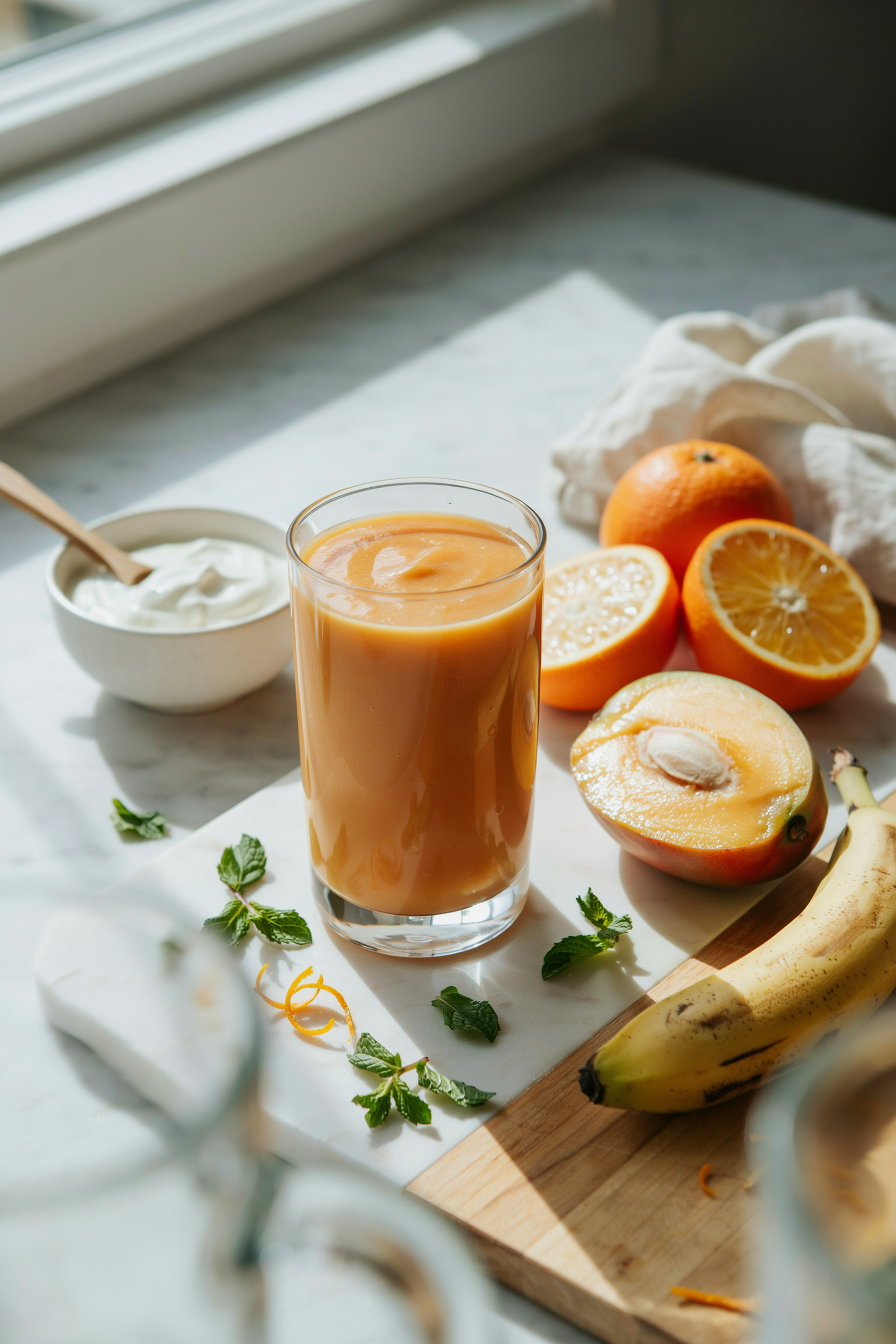Orange Mango Cream Smoothie in a glass with mango and orange pieces
