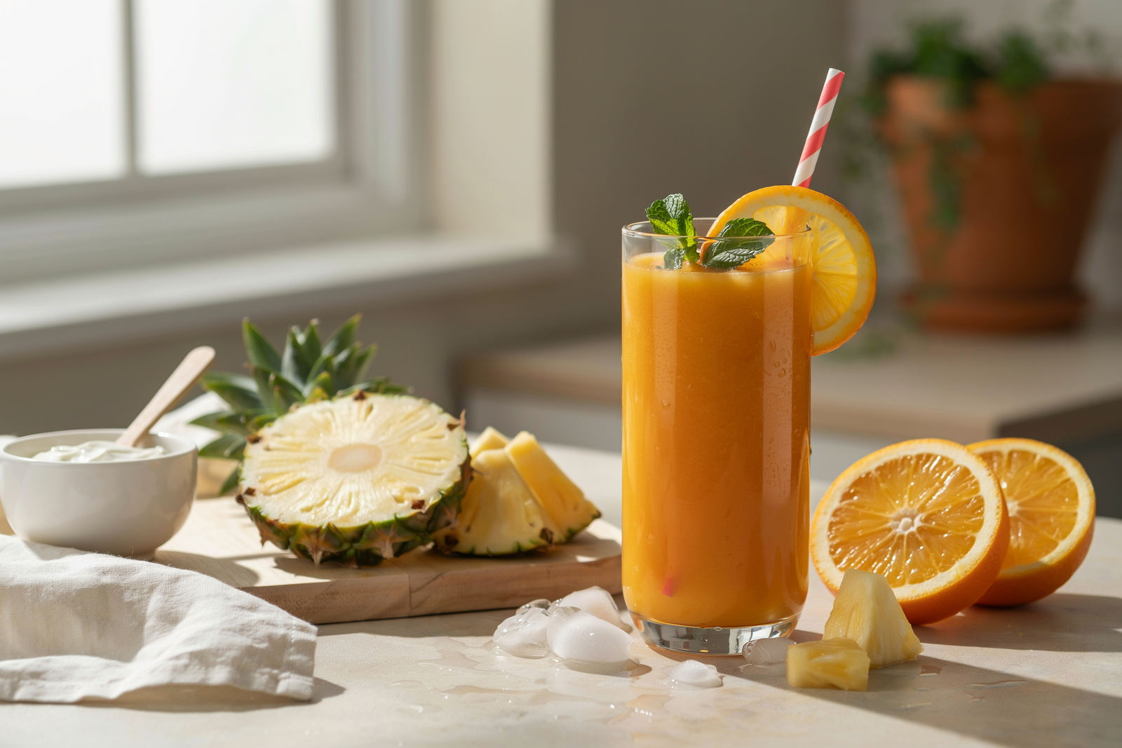 Orange Pineapple Glow Smoothie in a glass with pineapple and orange garnish