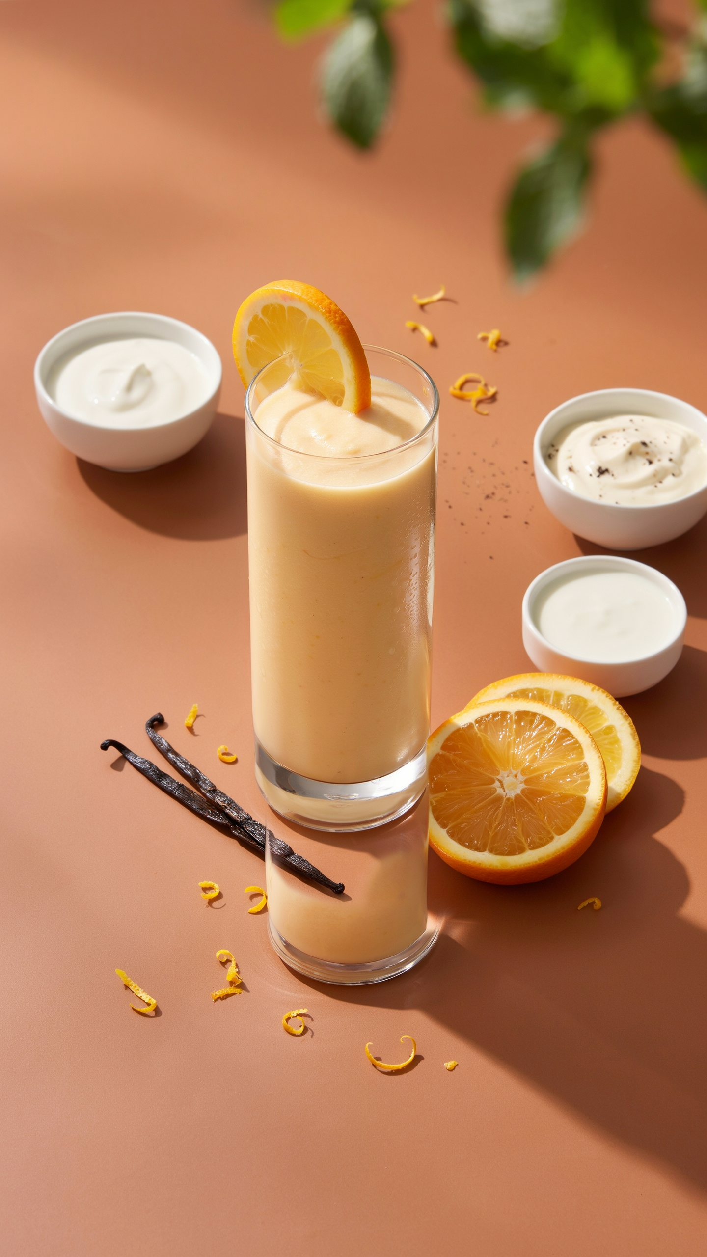 Orange Vanilla Greek Yogurt Smoothie in a glass with fresh orange slices and creamy citrus smoothie texture
