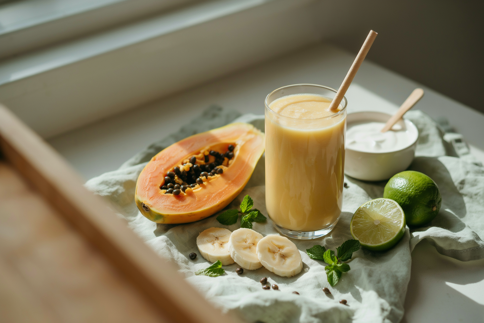 Creamy papaya banana lime smoothie in a glass with fresh papaya, banana, and lime