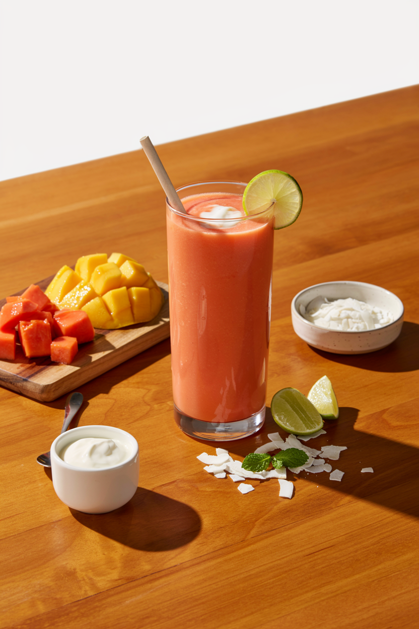 Papaya mango lime smoothie in a glass with tropical fruit and lime garnish