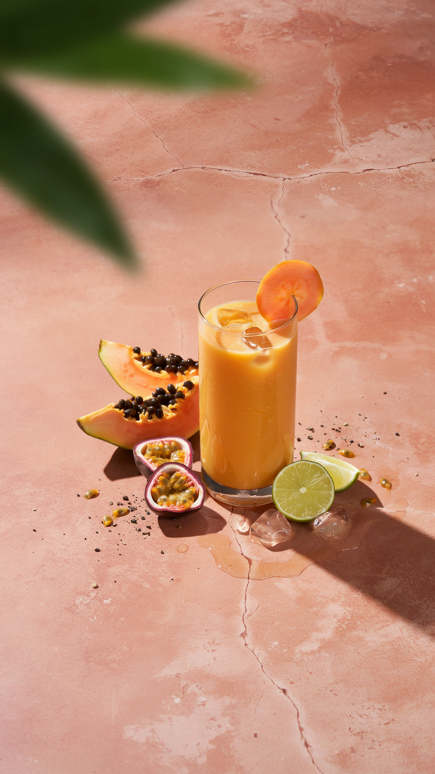 Papaya passion fruit smoothie with lime in a glass with tropical fruit