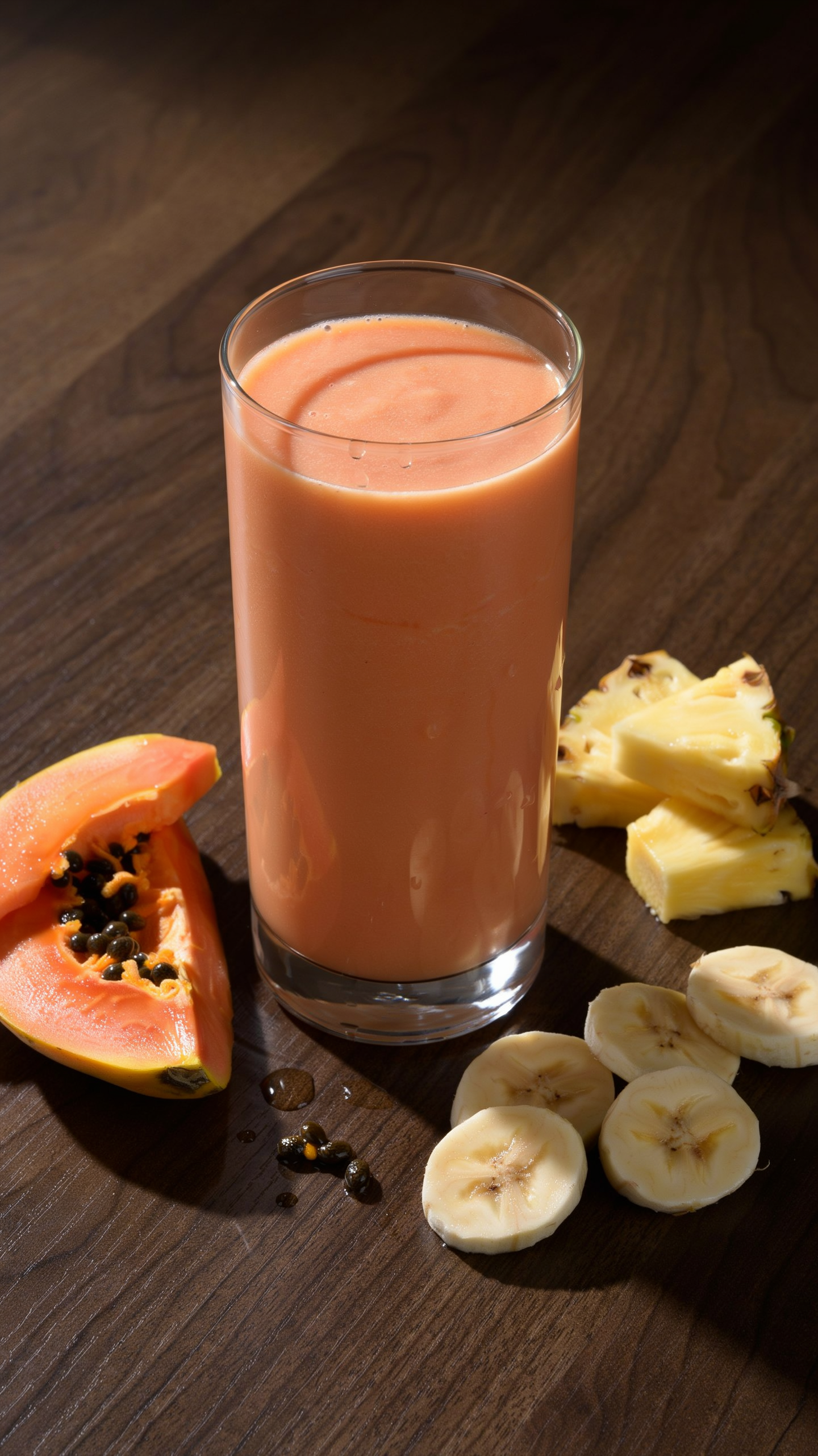 Papaya pineapple banana smoothie in a glass with tropical fruit