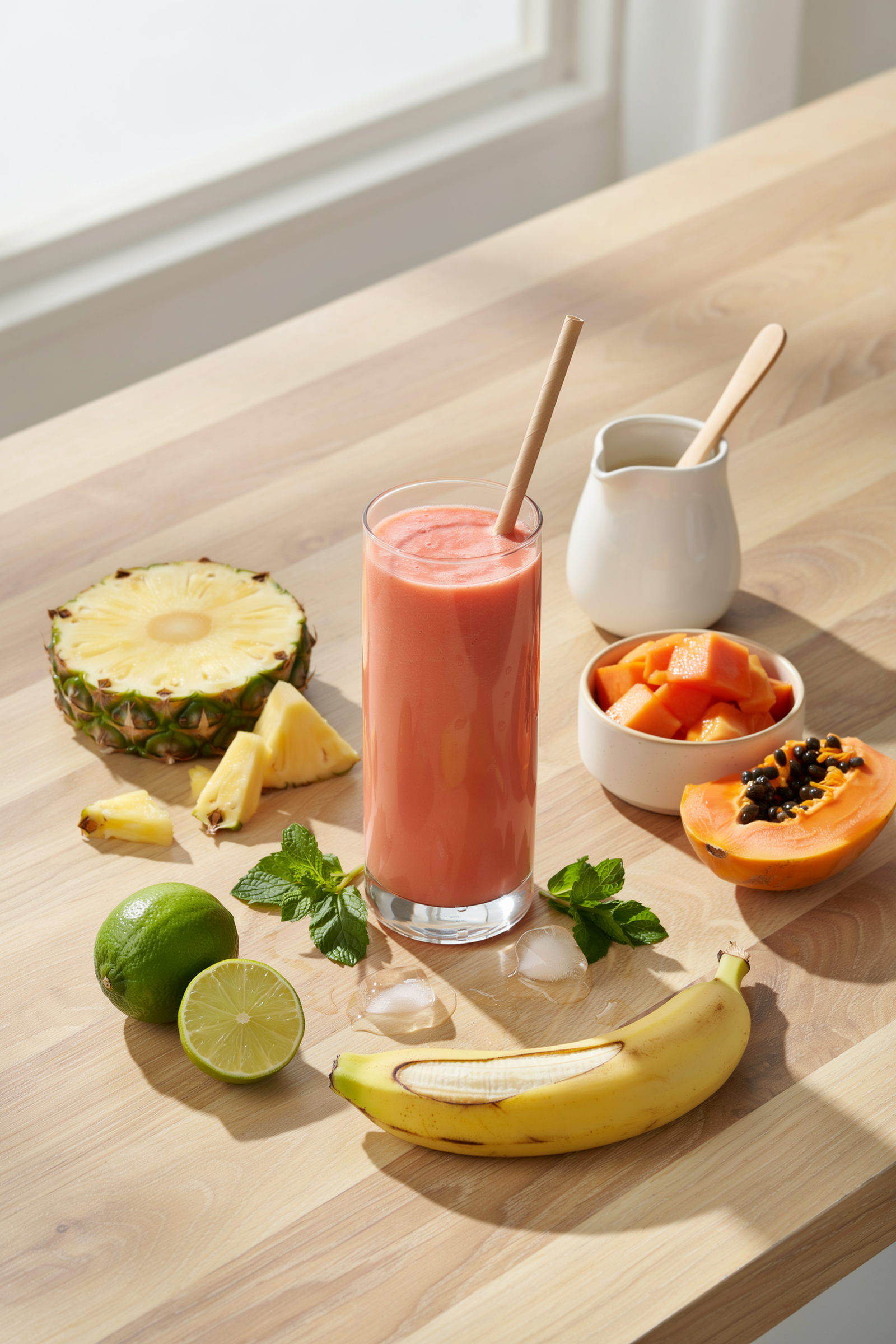 Papaya Pineapple Lime Smoothie in a glass with tropical fruit and lime garnish