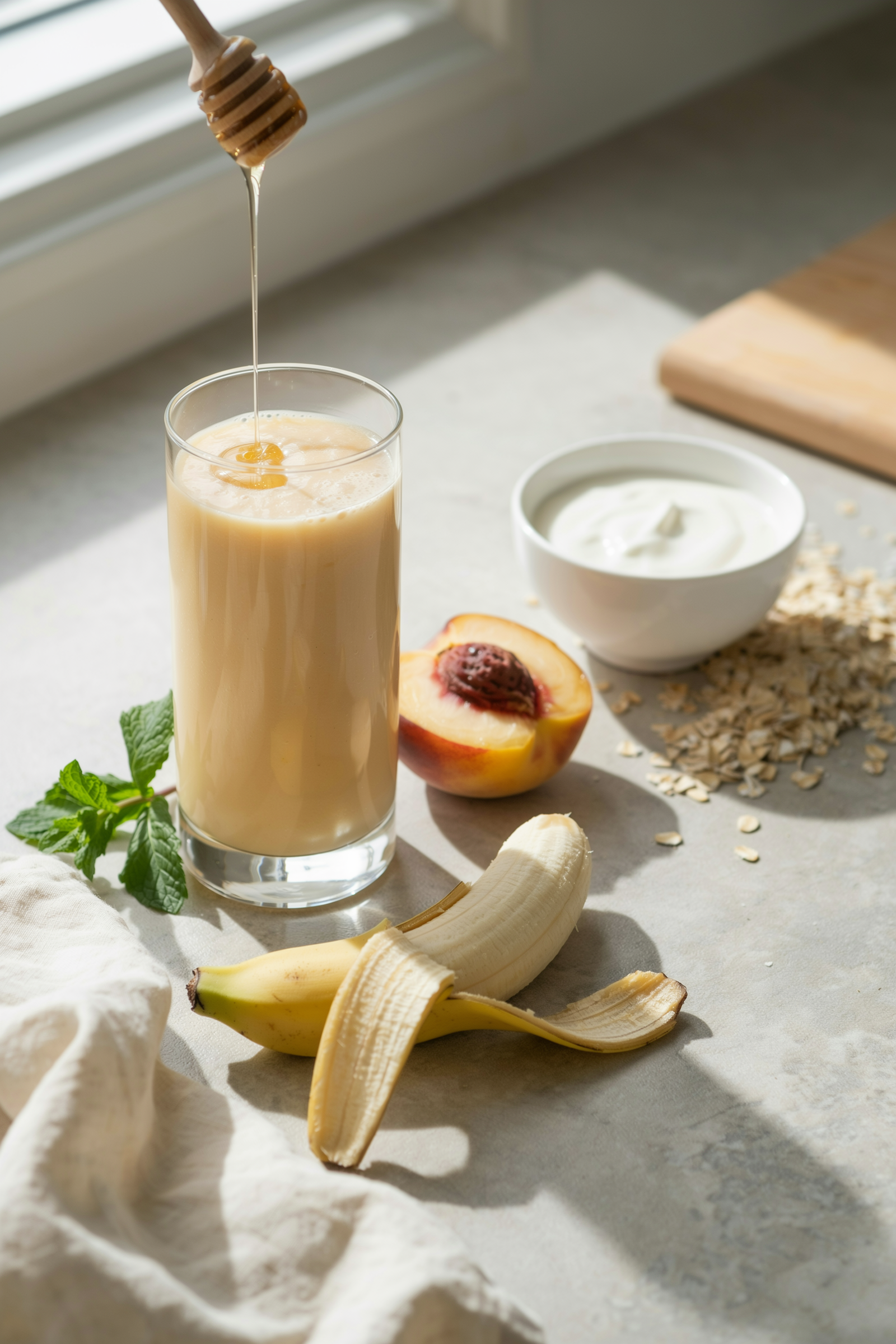 Creamy peach banana smoothie with Greek yogurt in a glass topped with a honey drizzle and peach slices