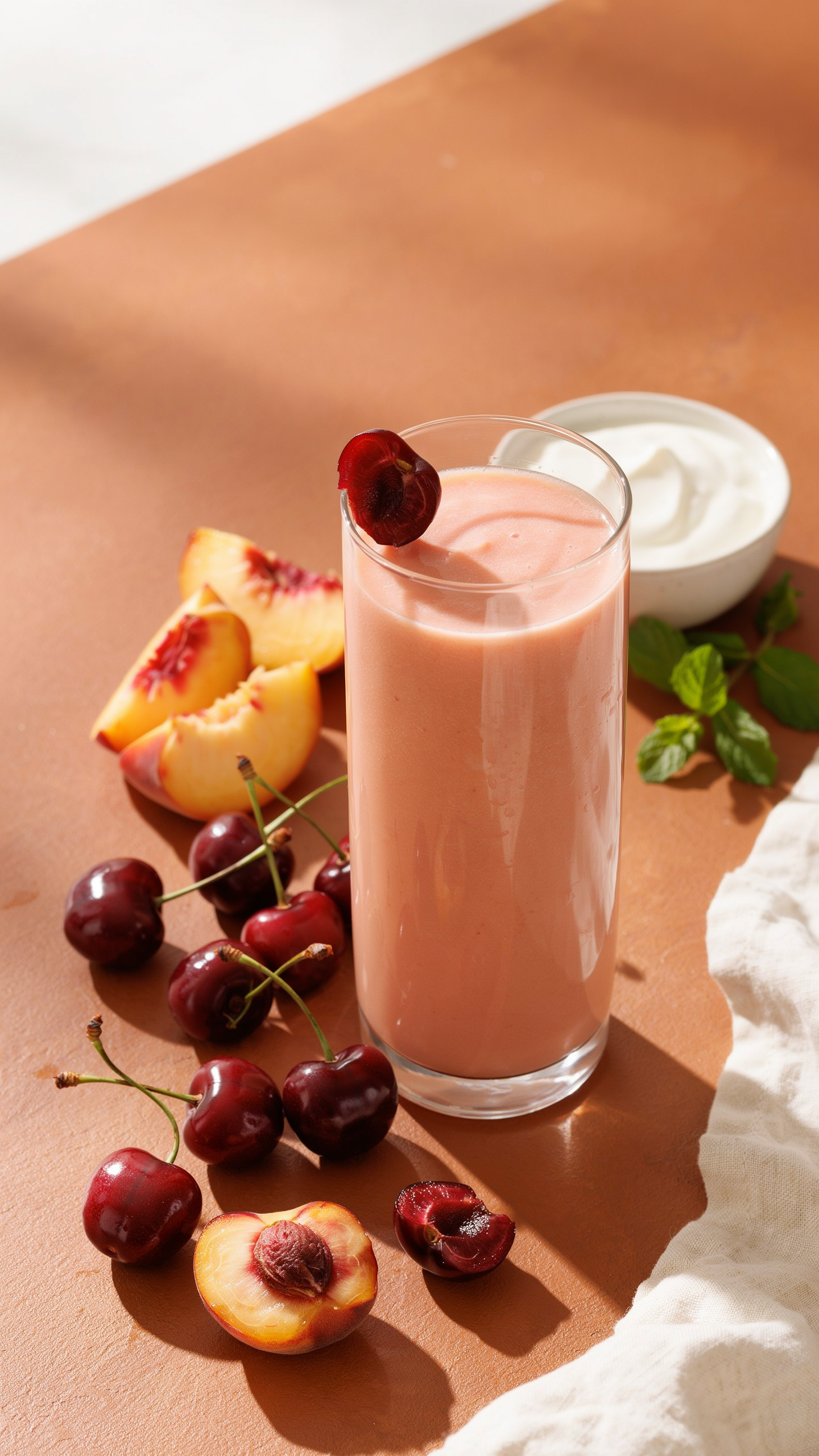 Peach cherry smoothie with Greek yogurt in a glass with peaches and cherries