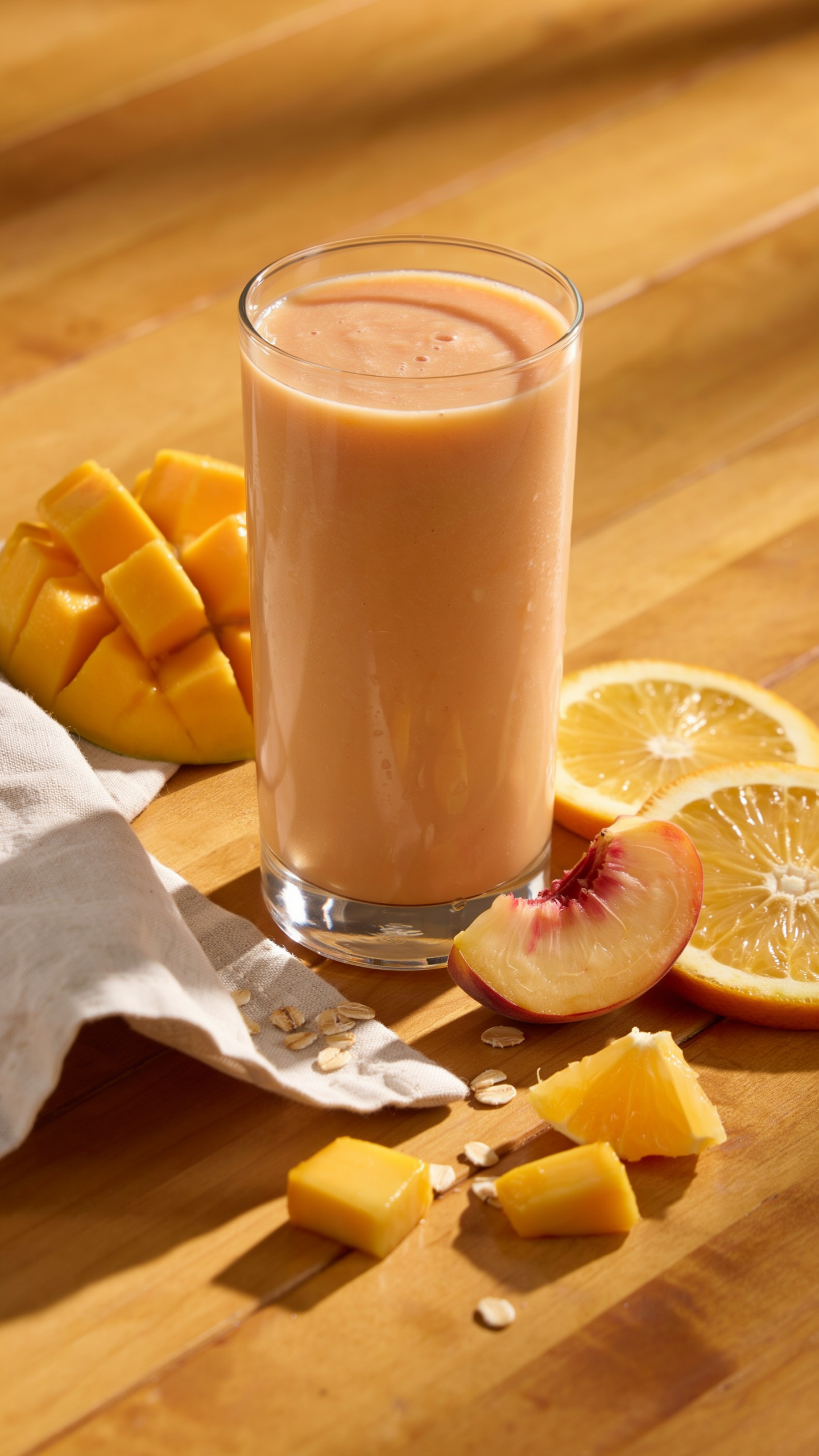 Peach mango orange smoothie for summer in a glass with bright golden fruit