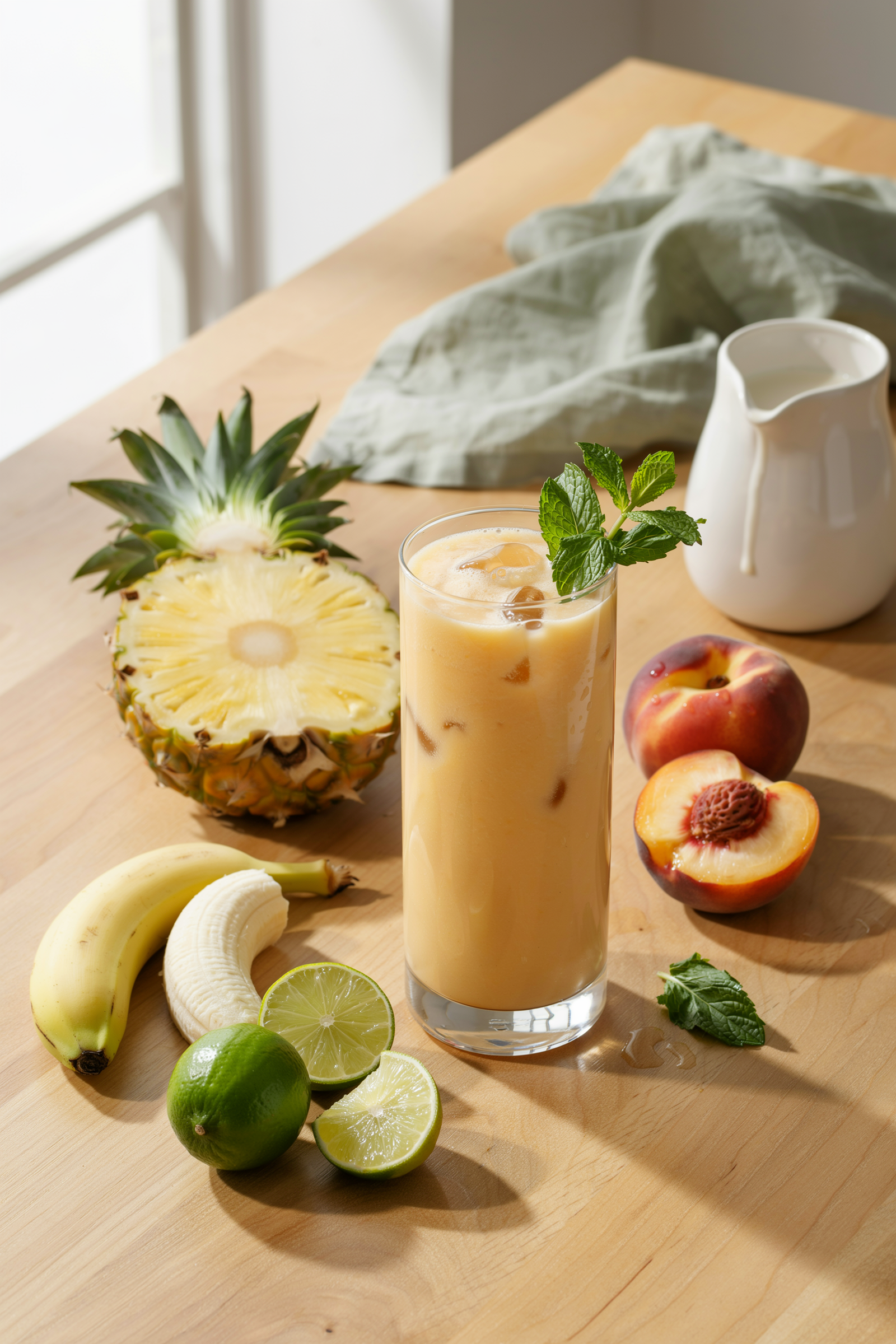 Peach pineapple smoothie in a glass with tropical fruit and a sunny vacation feel