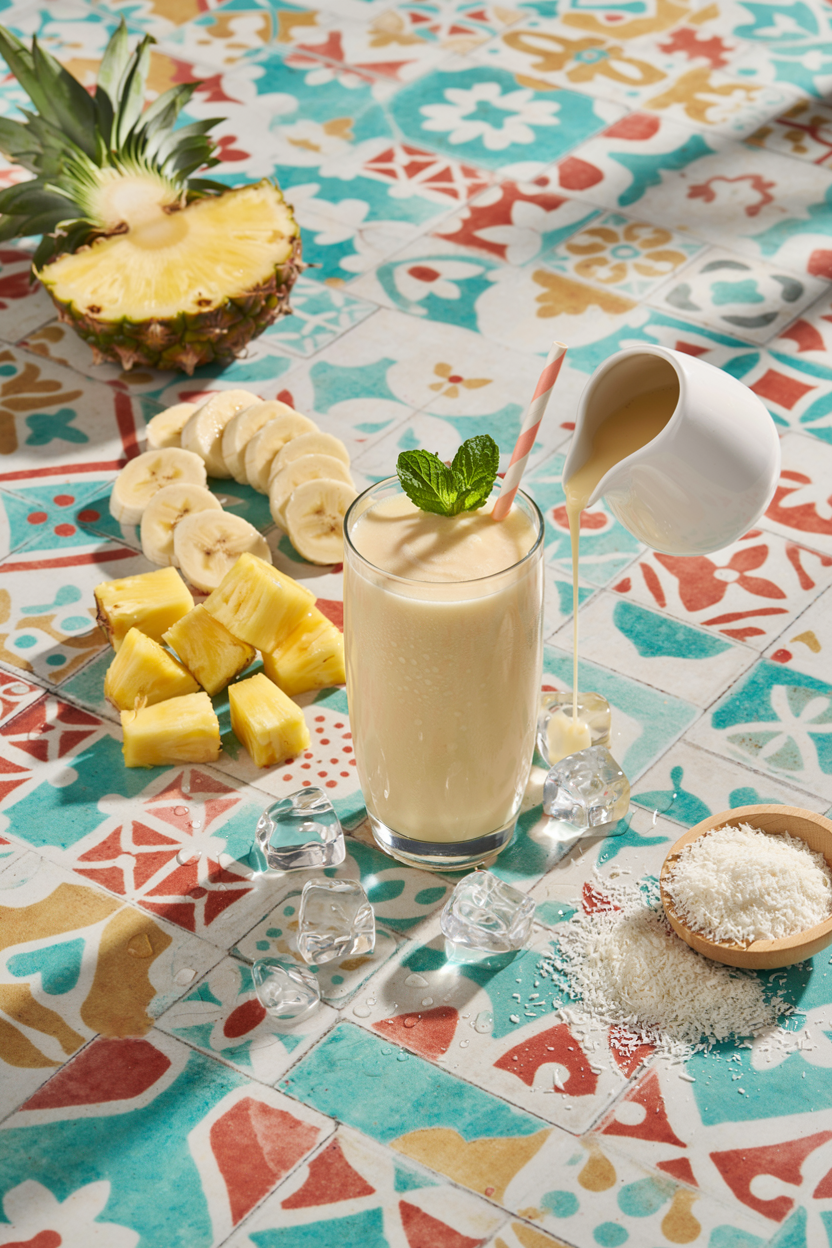 Creamy pineapple coconut banana smoothie in a glass with tropical fruit and shredded coconut