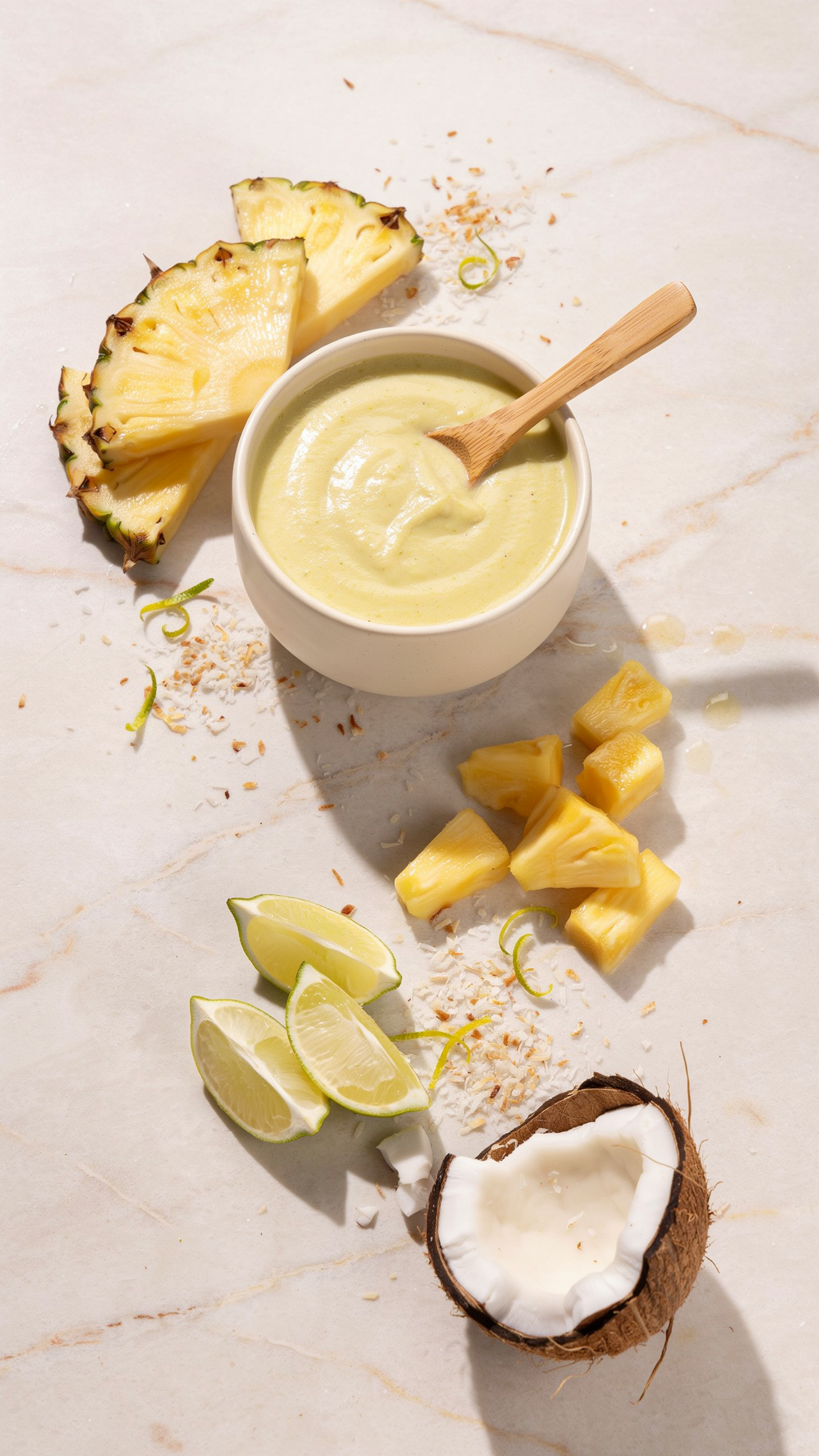 Pineapple coconut lime smoothie bowl topped with fruit, granola, toasted coconut, and lime zest