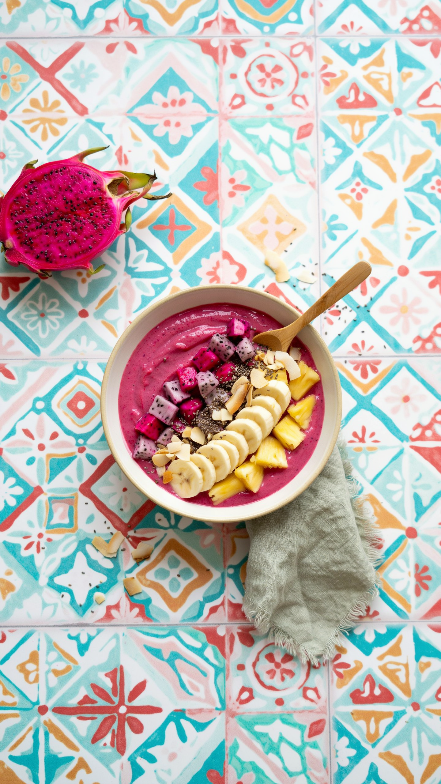 Thick pineapple dragon fruit smoothie bowl topped with fresh pineapple, banana, coconut, granola, and lime zest