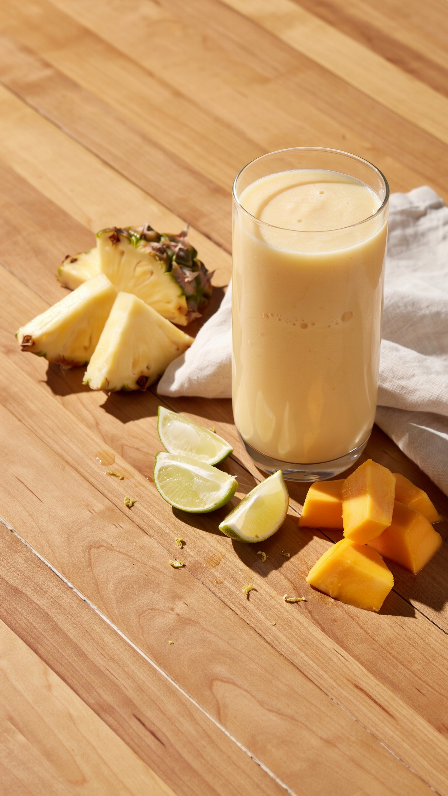 Pineapple mango limeade smoothie in a glass with lime and coconut garnish