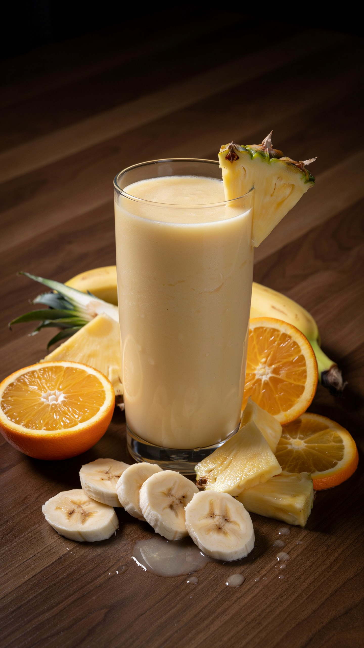 Pineapple orange banana smoothie in a glass with fresh pineapple, orange slices, and banana for sunny days