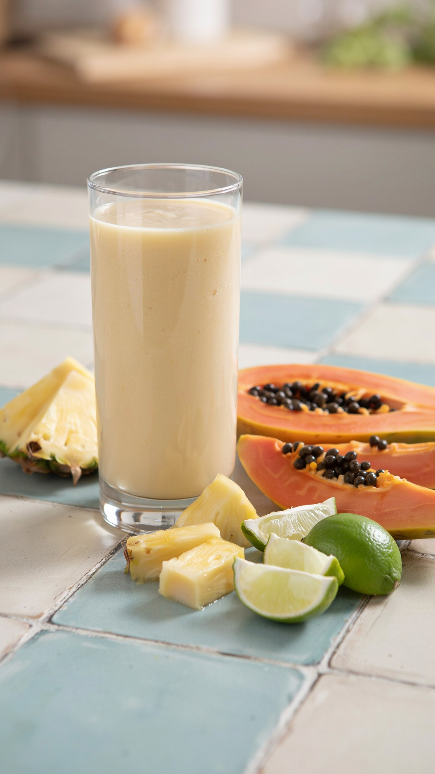 Pineapple papaya lime smoothie in a glass with tropical fruit and lime garnish