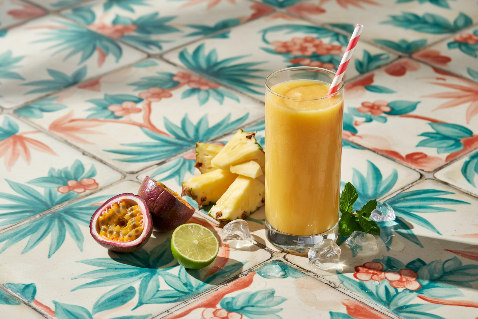 Pineapple passion fruit smoothie for summer in a glass with tropical fruit