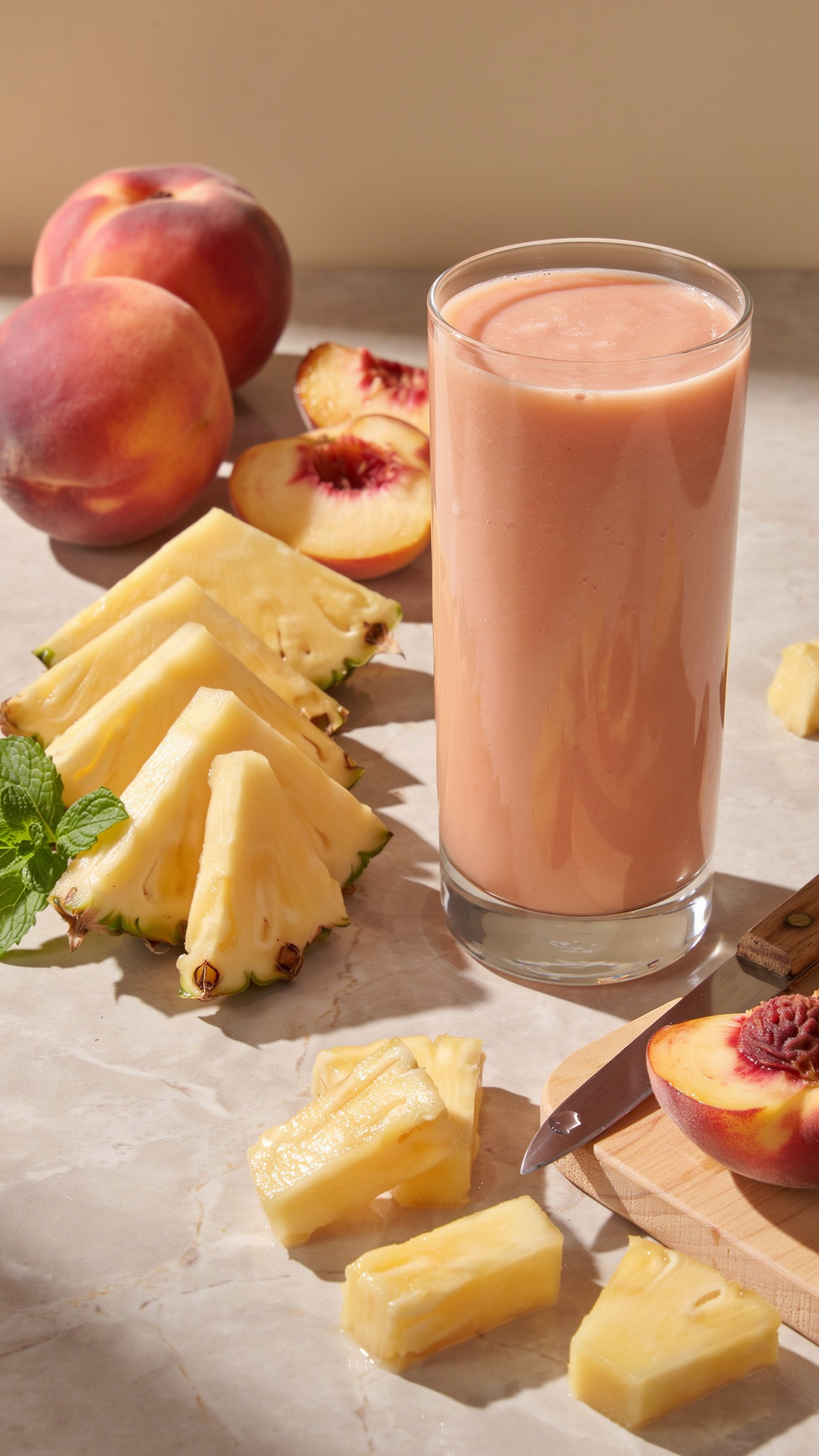 Pineapple peach smoothie with tropical flavor in a glass with pineapple and peach