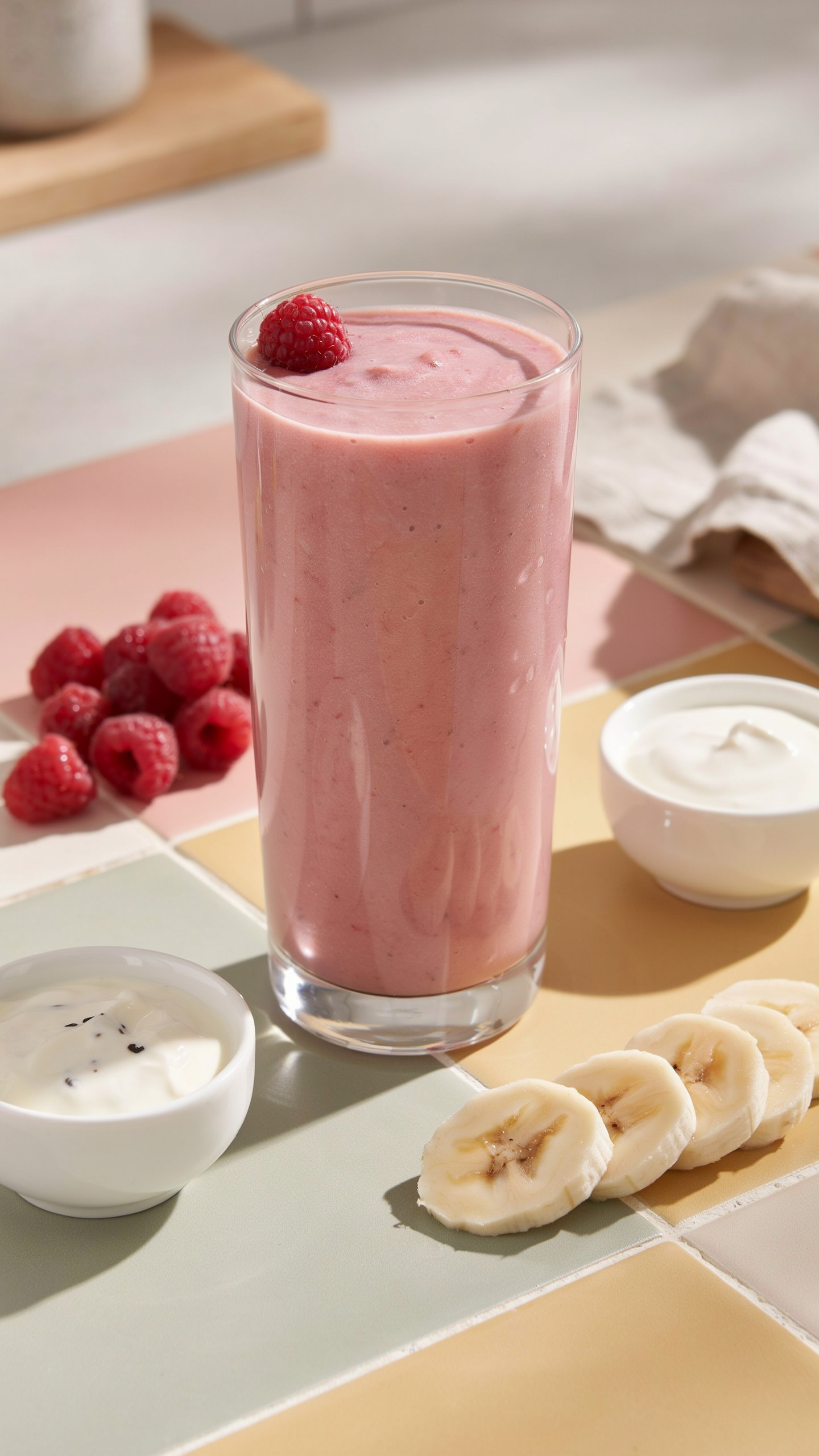 Creamy raspberry banana yogurt smoothie in a glass with fresh raspberries and banana slices