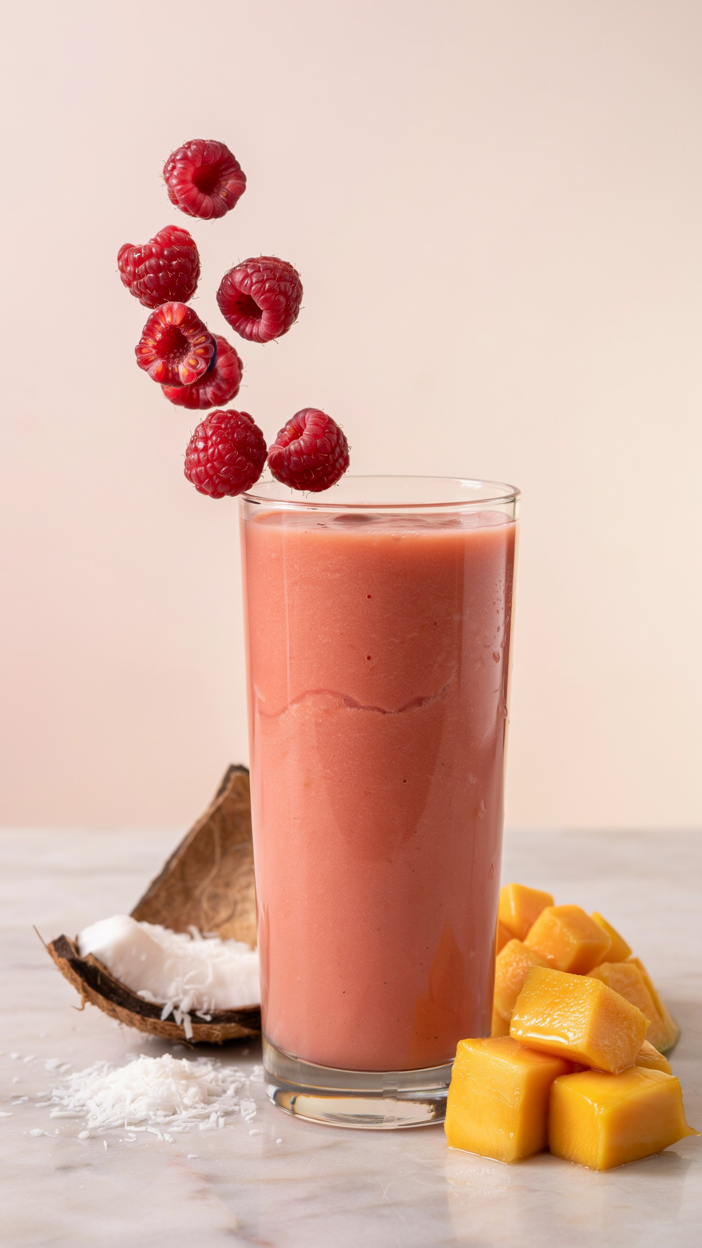 Raspberry mango coconut smoothie in a glass with raspberries, mango, and coconut