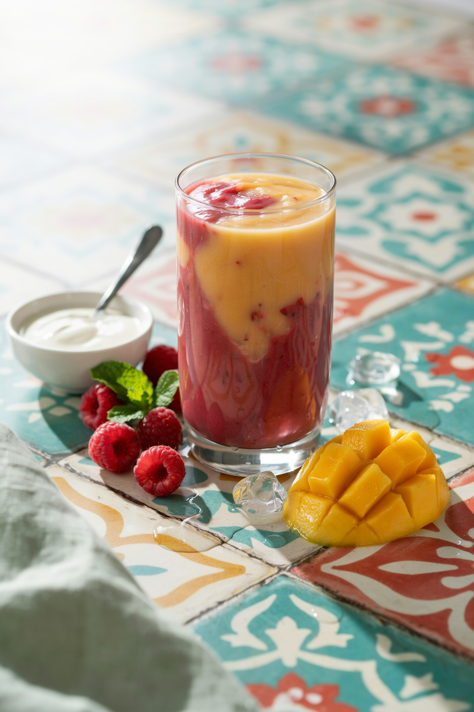 Creamy raspberry mango yogurt smoothie in a glass with raspberries and mango