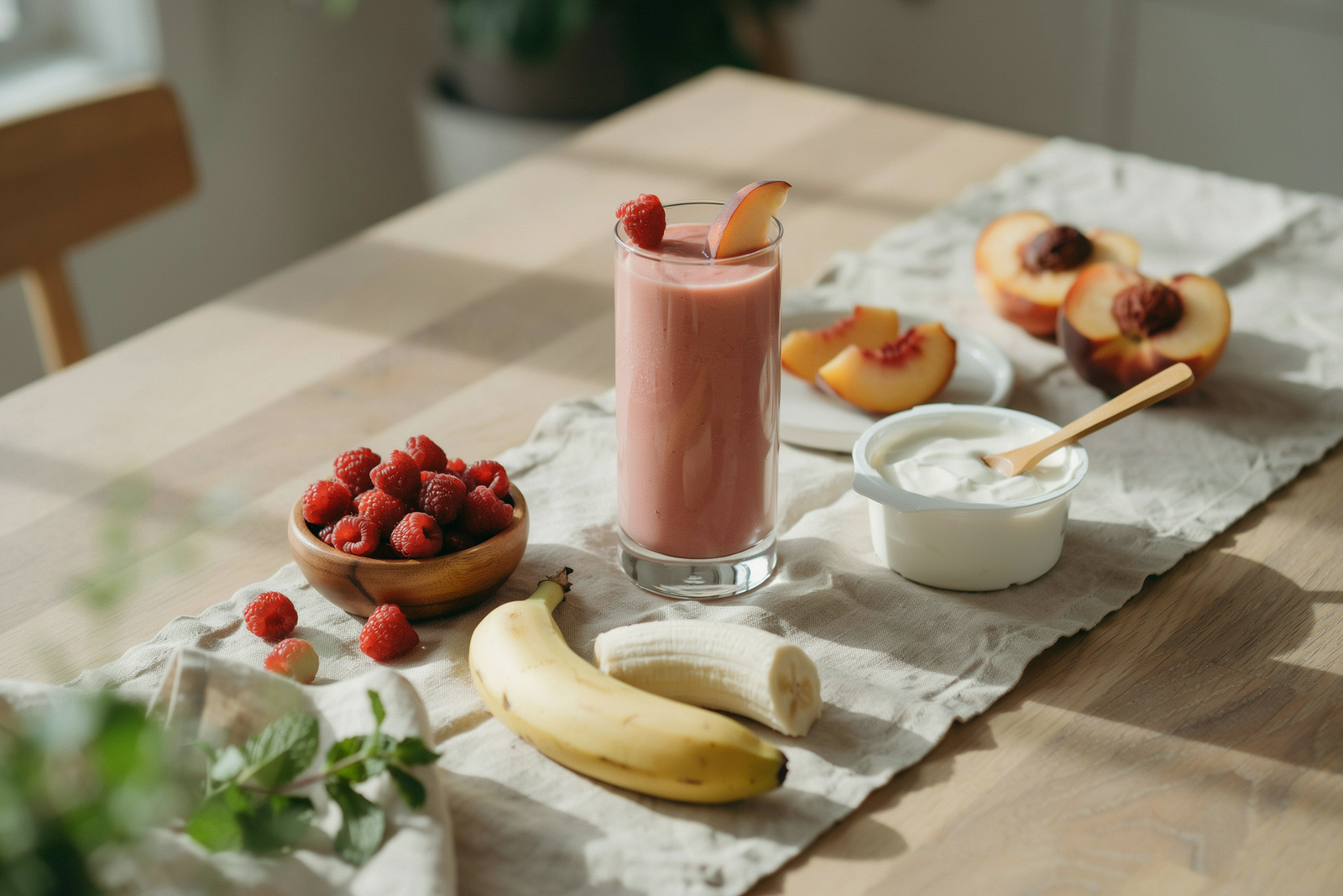 Raspberry peach Greek yogurt smoothie in a glass with raspberries and peach slices