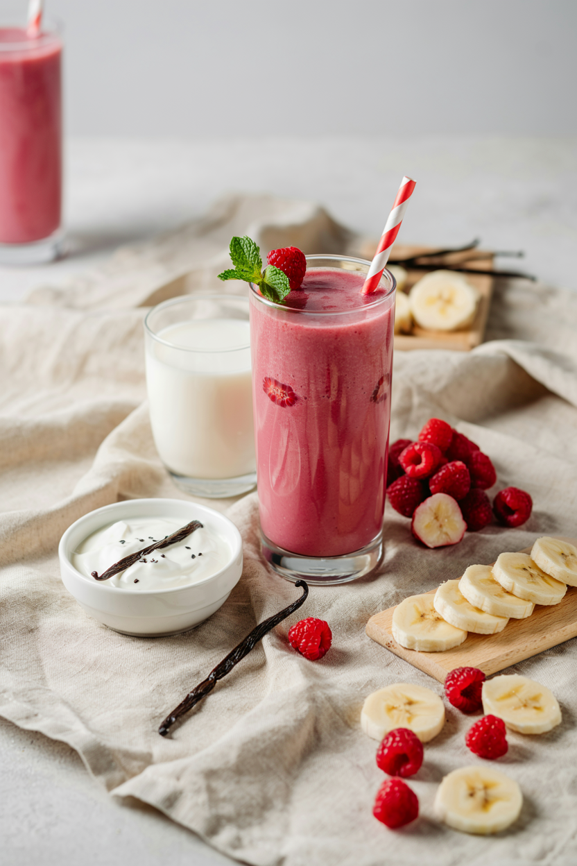Creamy raspberry vanilla yogurt smoothie in a glass with raspberries and a vanilla yogurt swirl