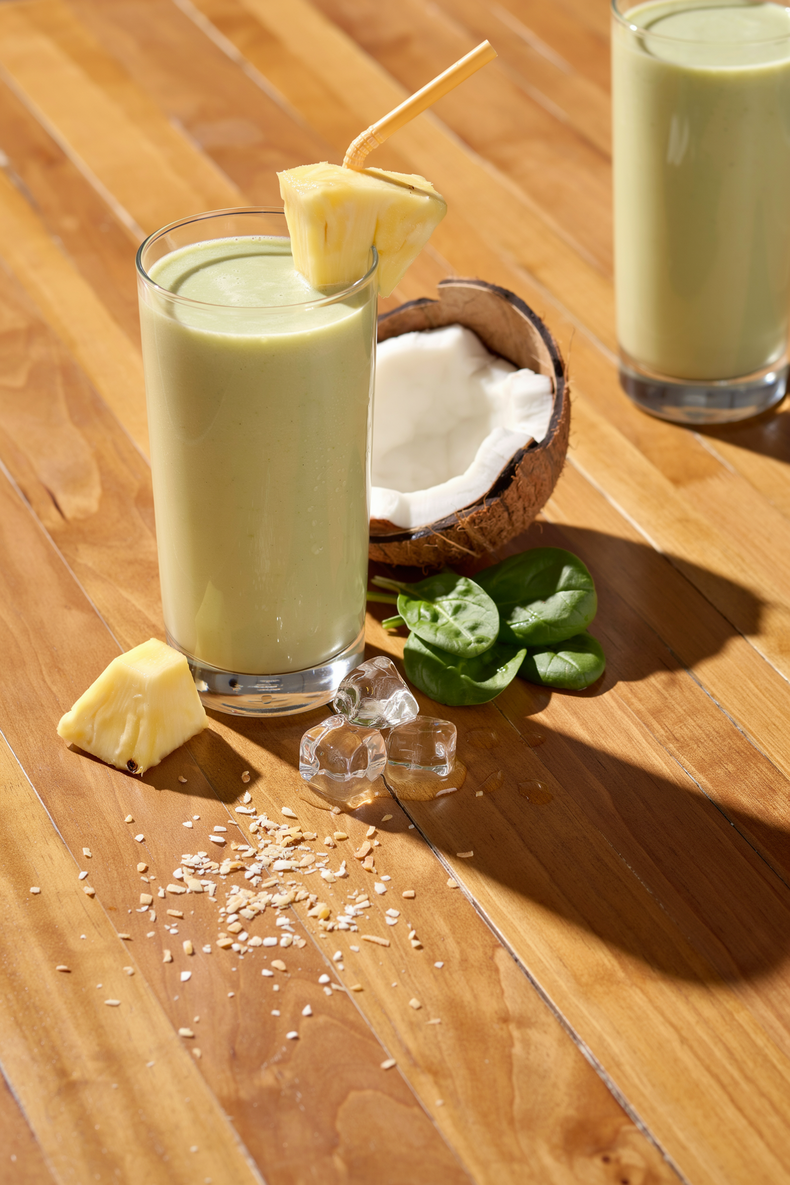 Spinach pineapple coconut smoothie in a glass with tropical pineapple and coconut ingredients