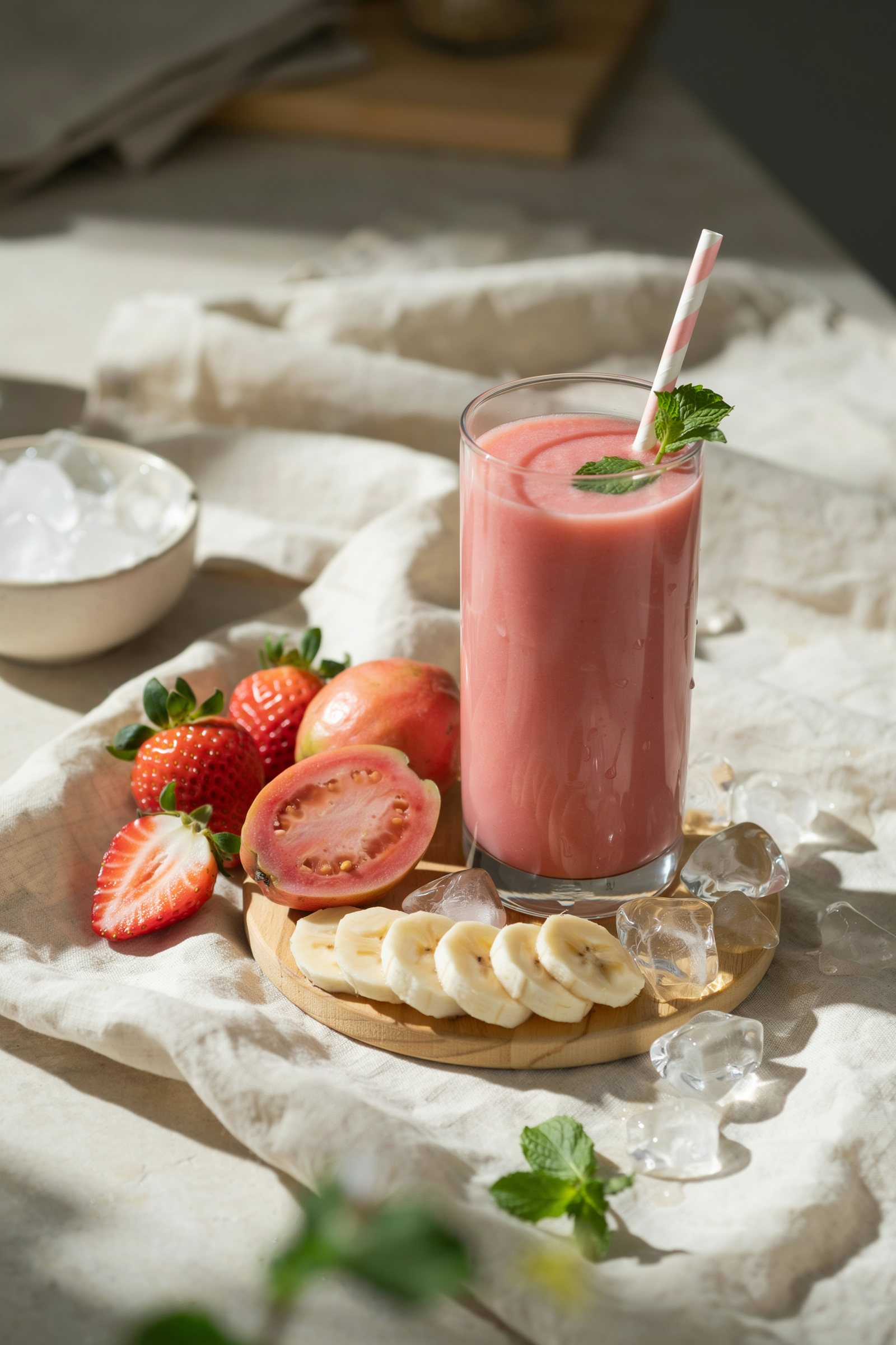 Creamy strawberry guava smoothie in a glass with fresh strawberries and tropical guava for summer mornings