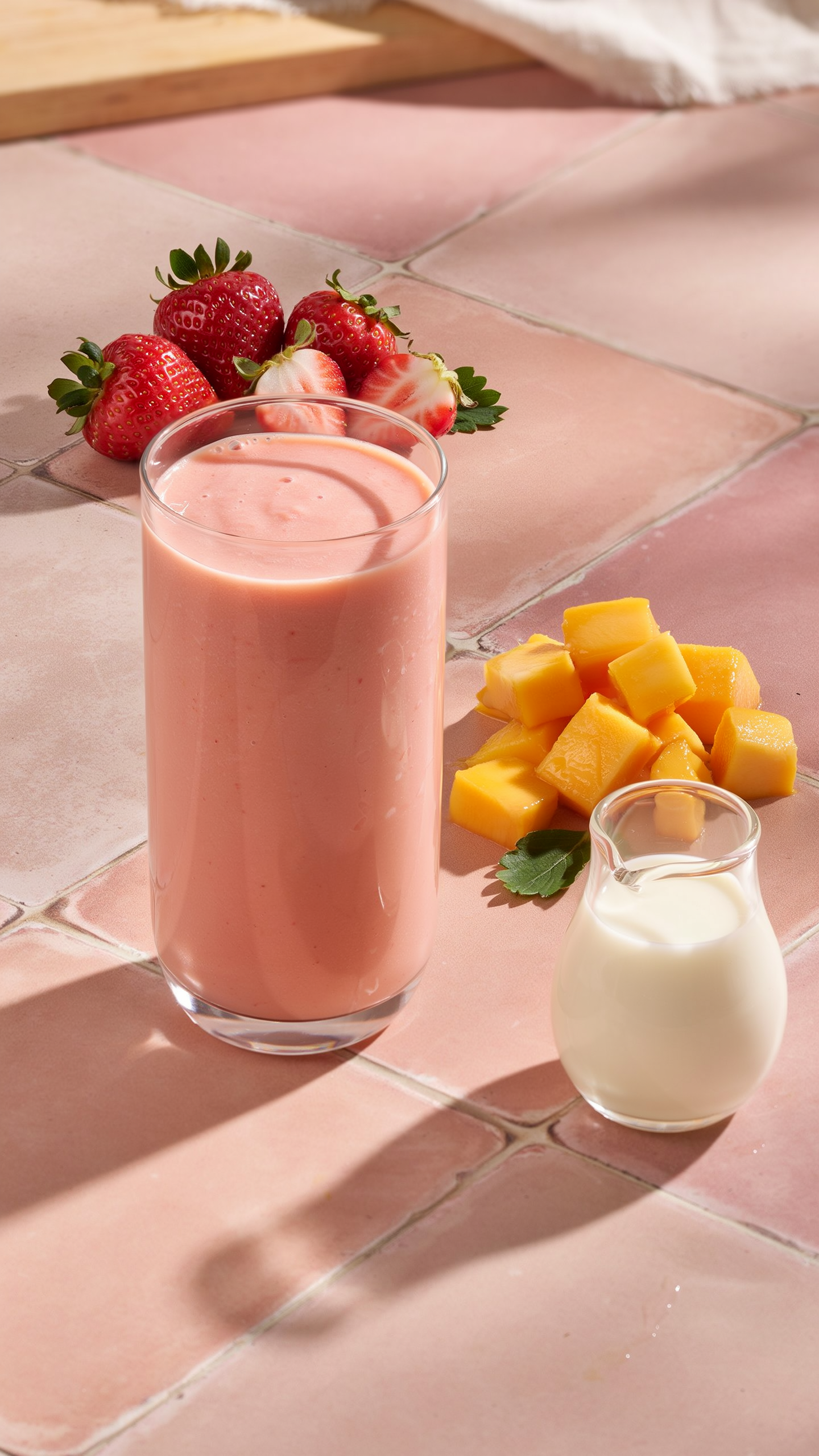 Strawberry Mango Coconut Milk Smoothie in a glass with strawberries, mango, and a creamy pink-orange texture