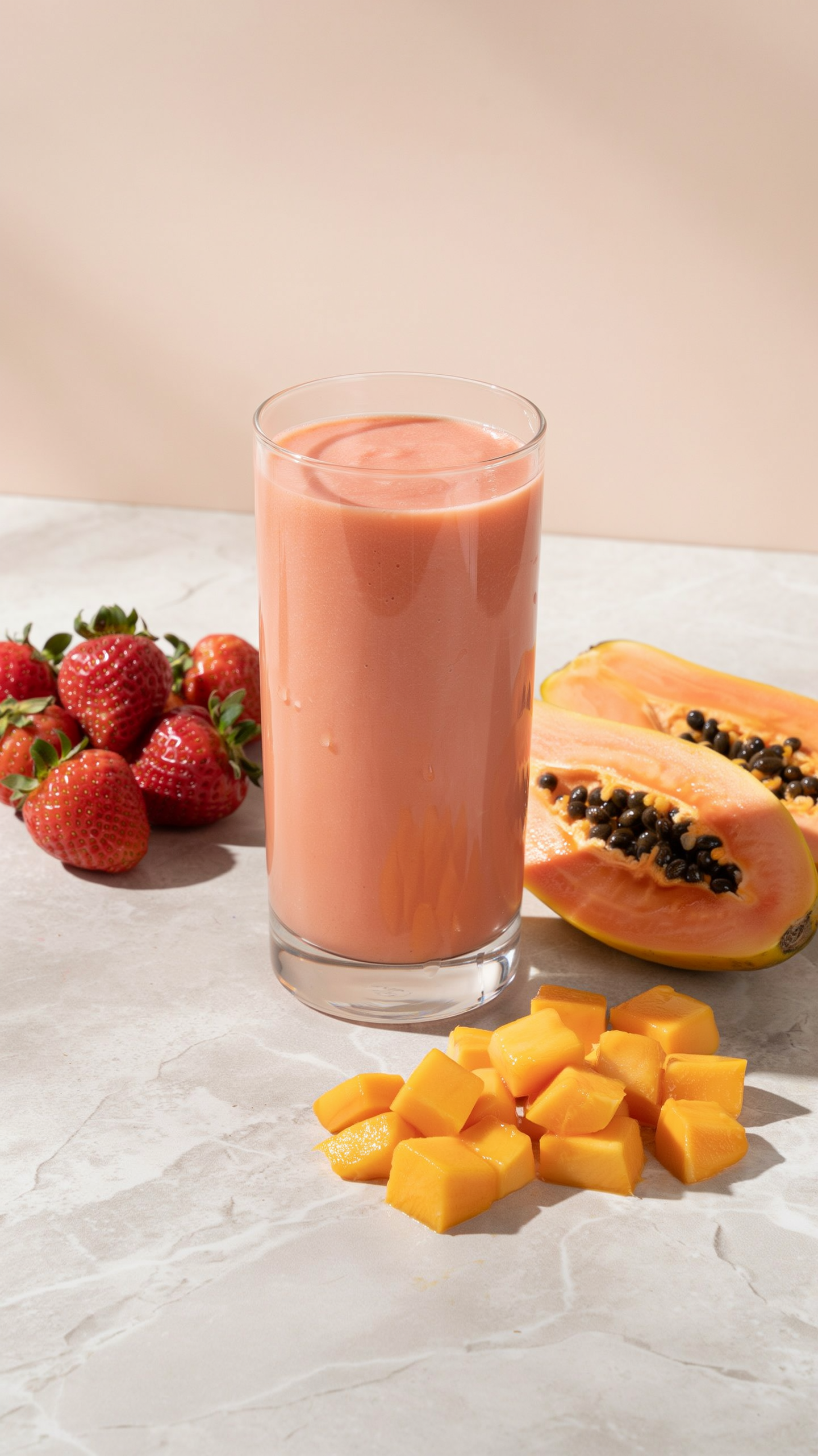 Strawberry mango papaya smoothie in a glass with fresh strawberries, mango, and papaya