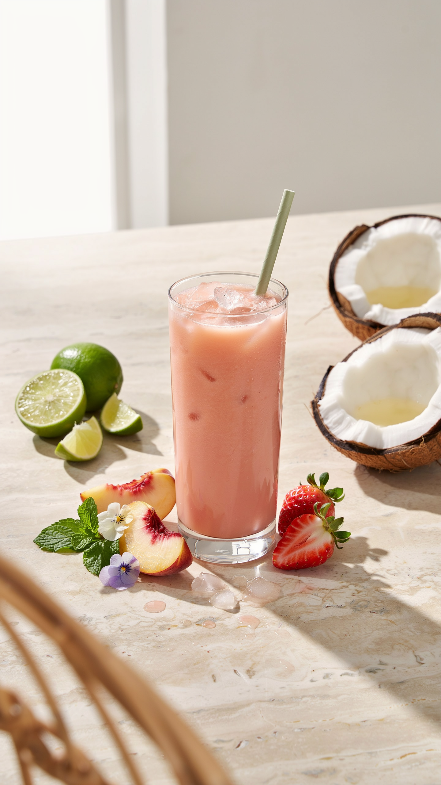 Strawberry peach coconut water smoothie in a glass with fresh strawberries and peach slices