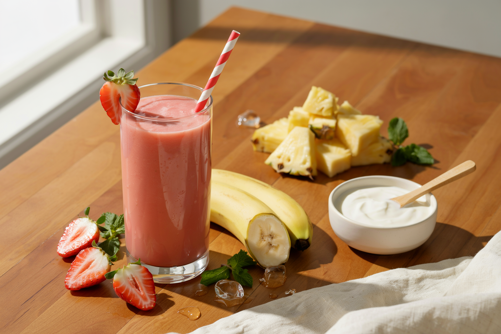 Strawberry pineapple banana smoothie in a glass topped with fresh fruit