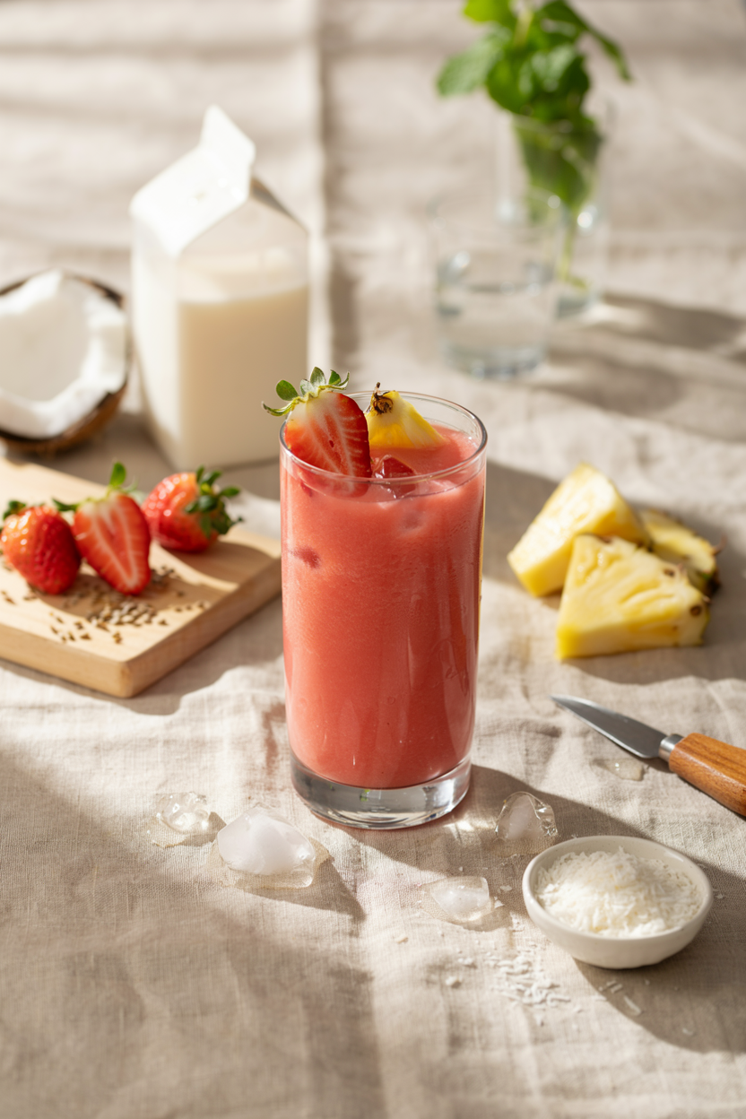 Strawberry pineapple coconut smoothie in a glass with tropical fruit