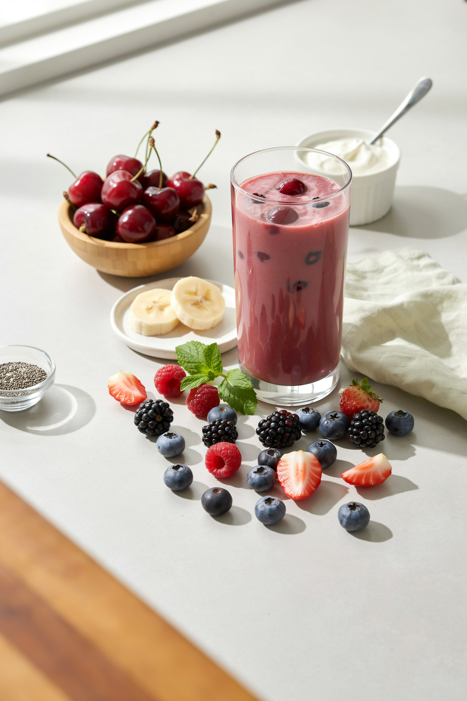 Summer Cherry Berry Smoothie in a glass with cherries and mixed berries