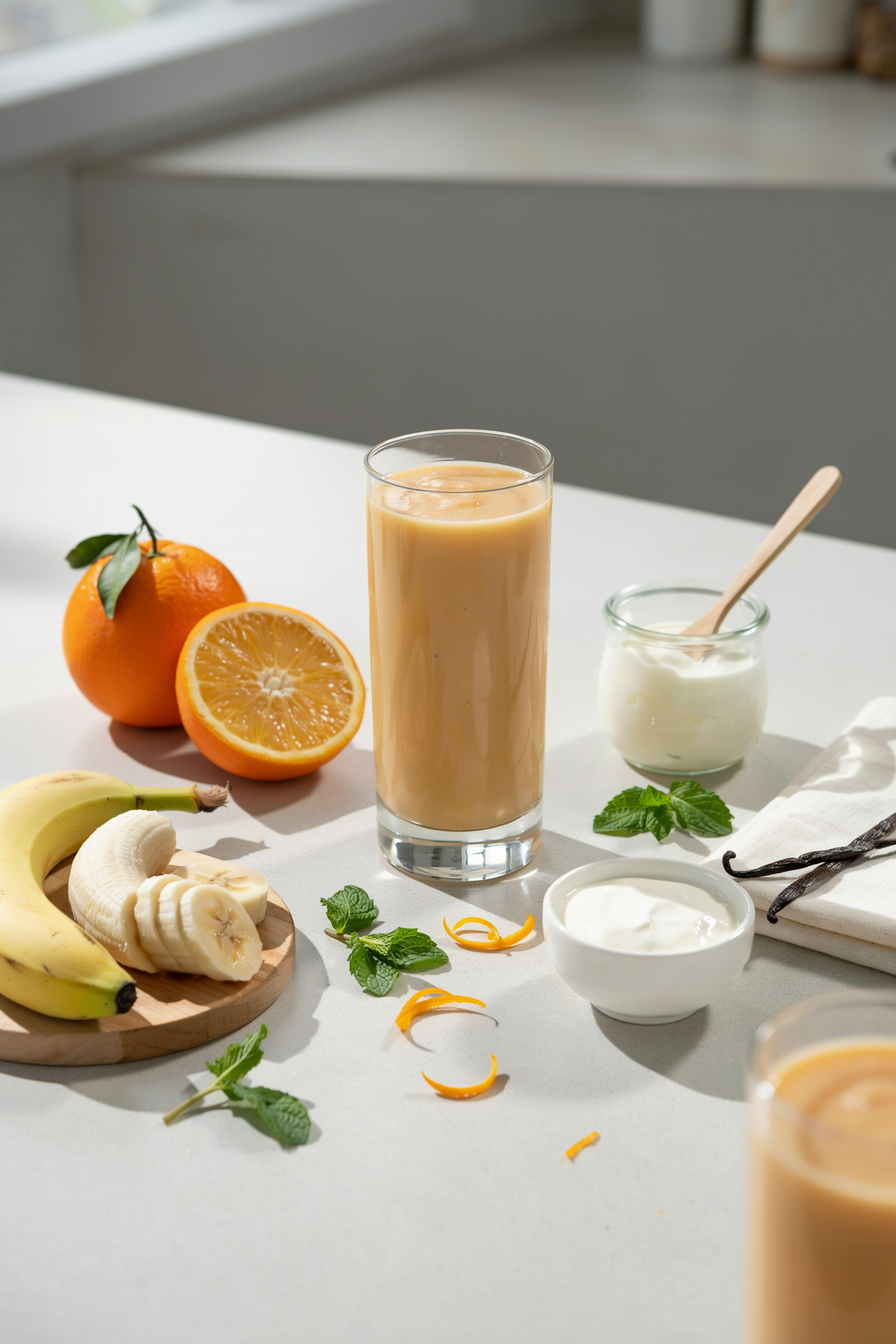 Creamy Summer Orange Cream Smoothie in a glass with fresh orange slices